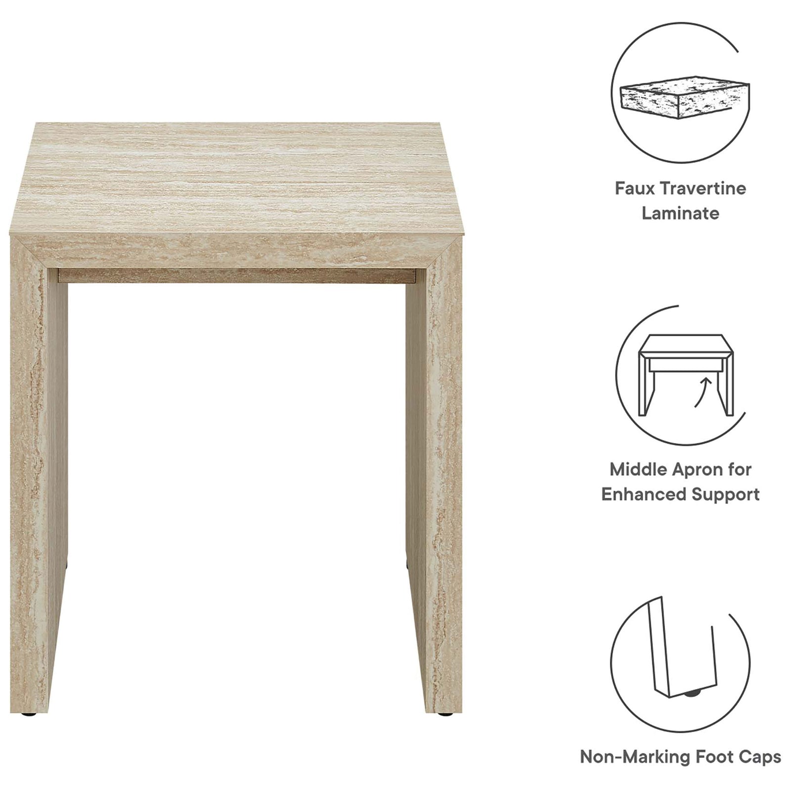 Feature graphic highlighting faux travertine laminate, middle apron support, and protective non-marking foot caps || EEI-6772-TRA || callout_studio