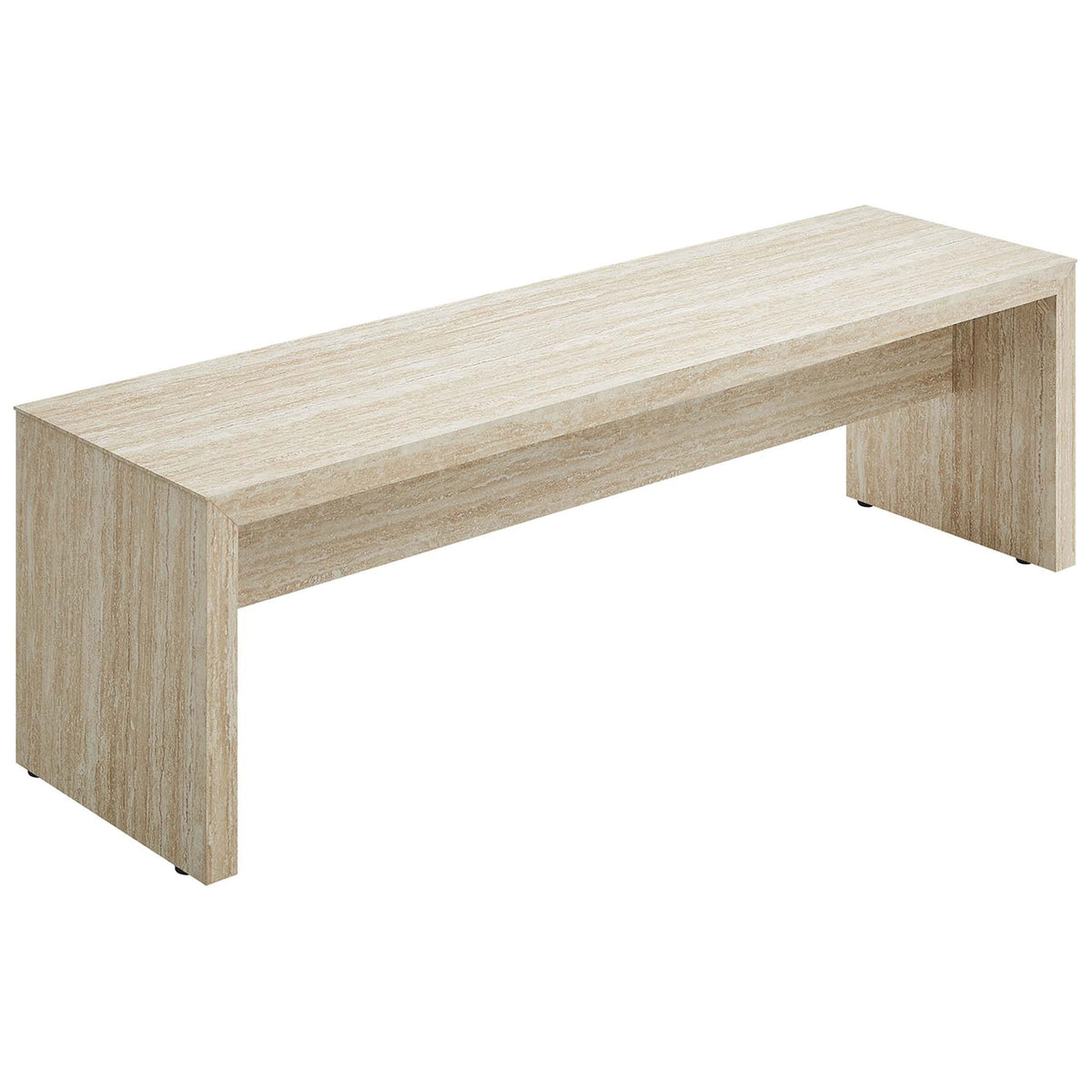 Sleek travertine-look bench with clean lines and a sturdy middle apron for added stability || EEI-6773-TRA || front_angle_studio