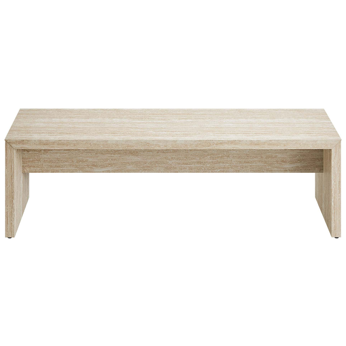 Long bench, faux travertine finish, minimalist waterfall silhouette with supportive center apron || EEI-6773-TRA || front_studio