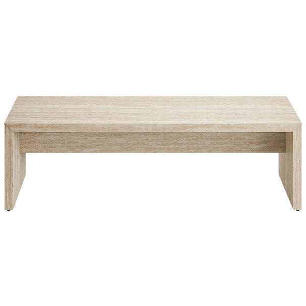 Long bench, faux travertine finish, minimalist waterfall silhouette with supportive center apron || EEI-6773-TRA || front_studio