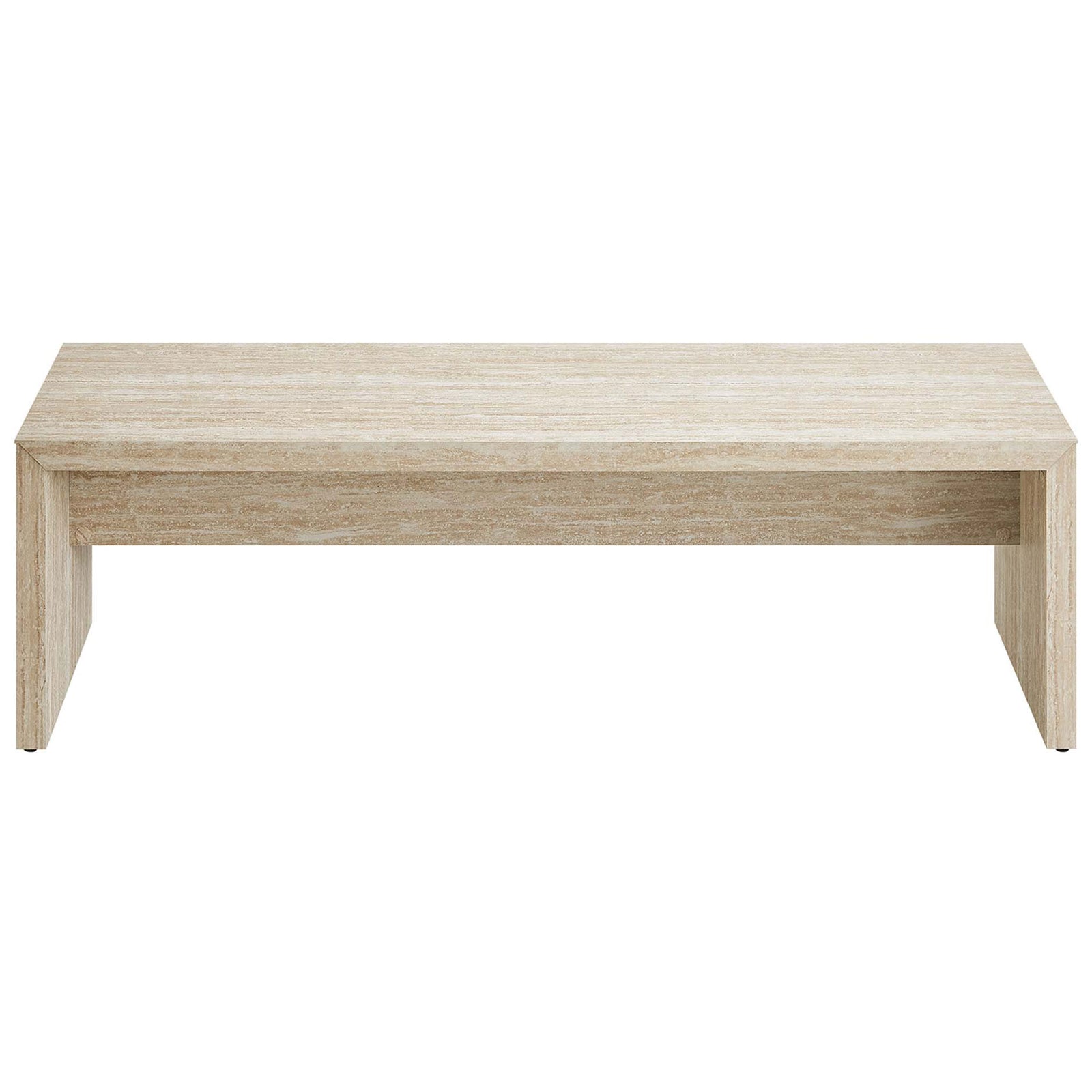 Long bench, faux travertine finish, minimalist waterfall silhouette with supportive center apron || EEI-6773-TRA || front_studio