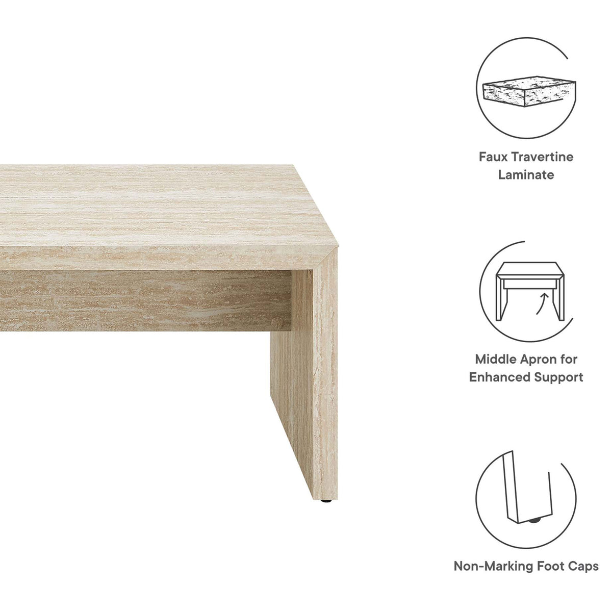Durable faux travertine surface, reinforced apron support, and floor-friendly foot caps || EEI-6773-TRA || callout_studio