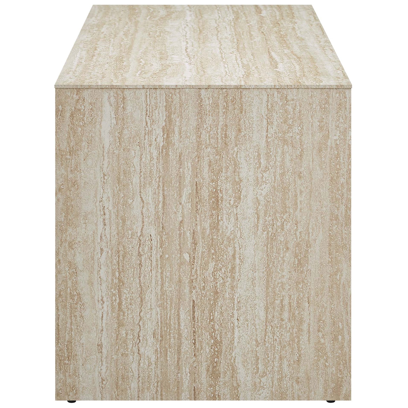 Solid waterfall sides showcase the rich, natural veining of the faux travertine finish || EEI-6774-TRA || side_studio