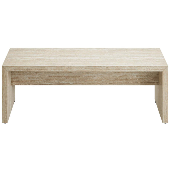 Compact bench in faux travertine with a minimalist waterfall design and supportive center apron || EEI-6774-TRA || front_studio