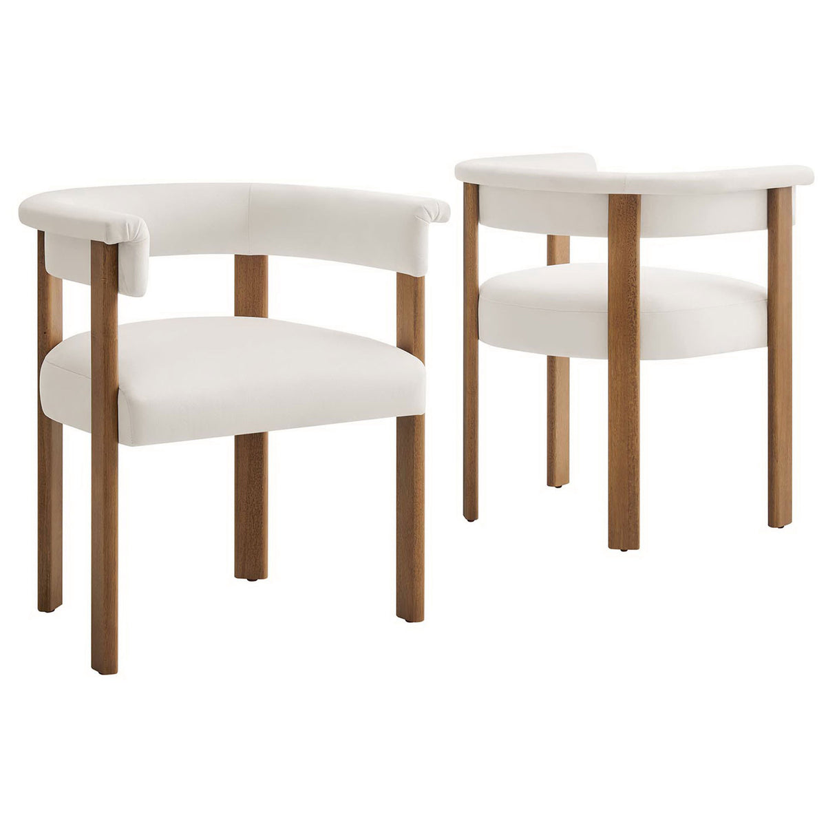 Set of two alabaster barrel dining chairs with performance velvet seats and deep brown wood legs. || EEI-6775-ALA-DBR || front_angle_multi_studio