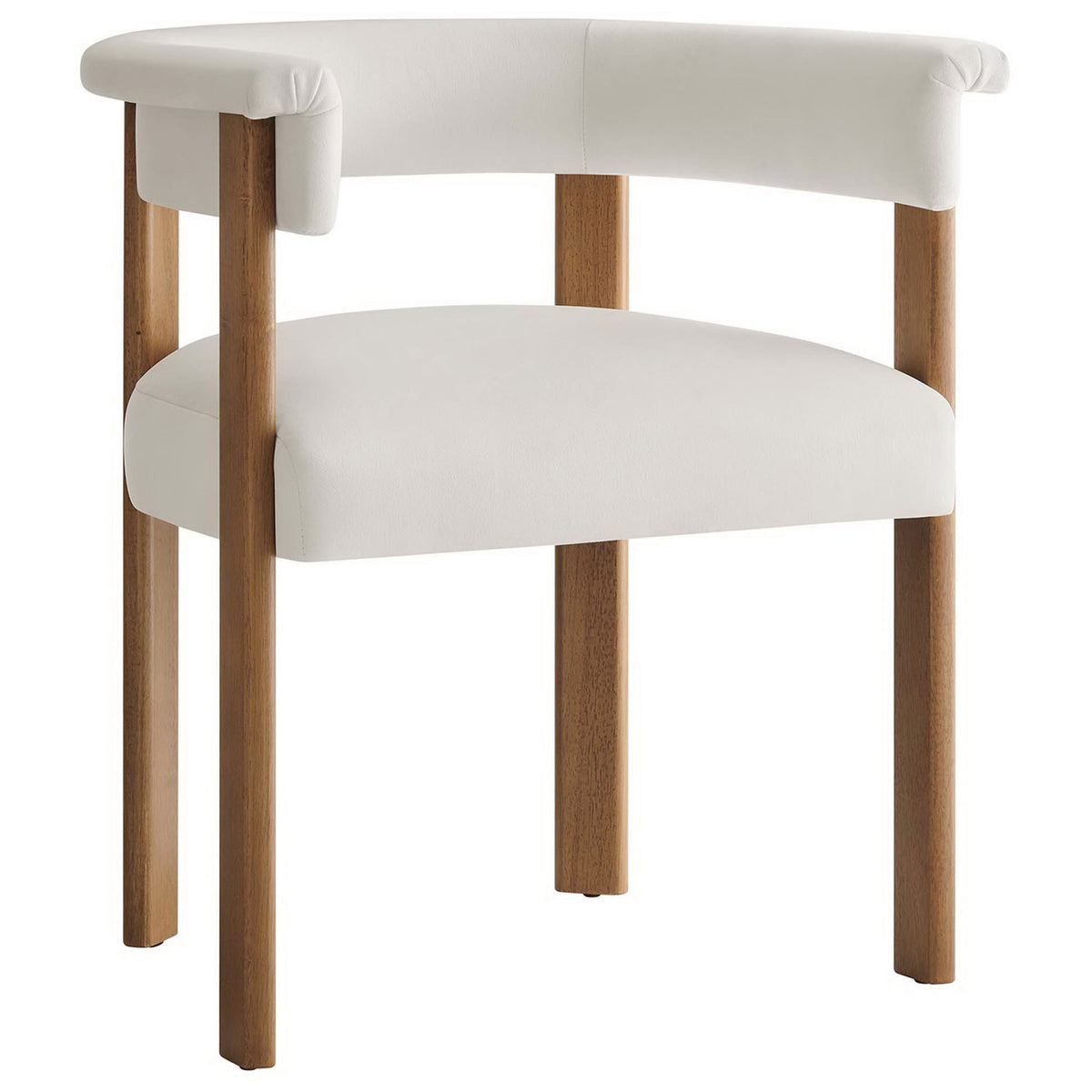 Modern barrel dining chair in alabaster performance velvet with clean lines and warm wood legs. || EEI-6775-ALA-DBR || front_angle_partial_studio