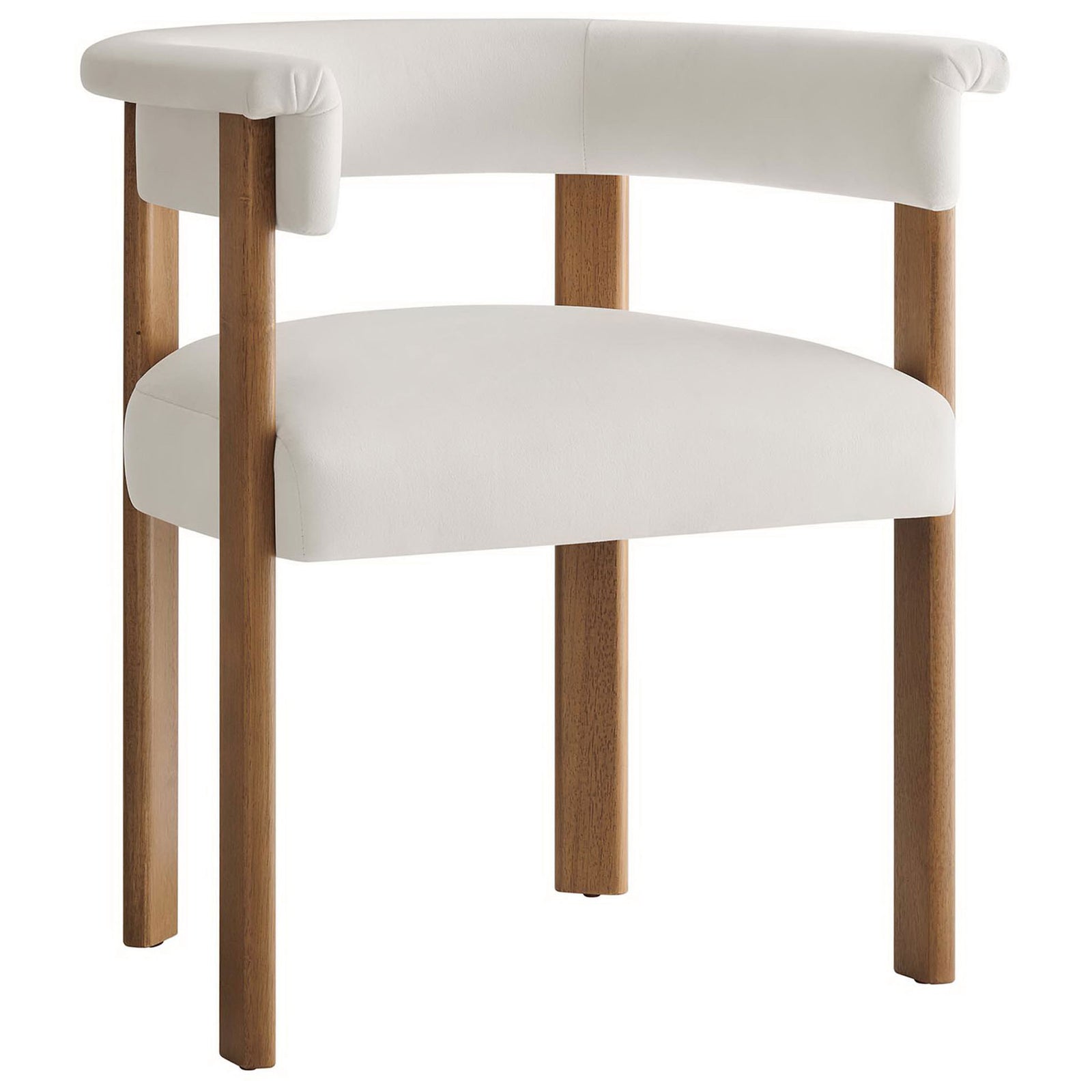 Modern barrel dining chair in alabaster performance velvet with clean lines and warm wood legs. || EEI-6775-ALA-DBR || front_angle_partial_studio