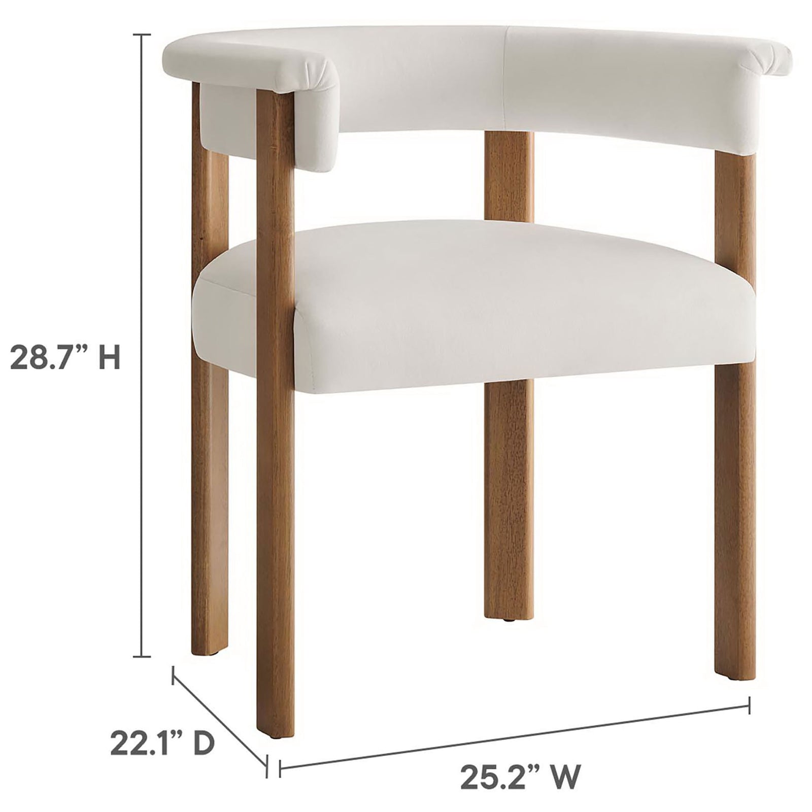 Barrel dining chair in alabaster velvet with deep brown legs sized for versatile dining room placement. || EEI-6775-ALA-DBR || dimension_studio