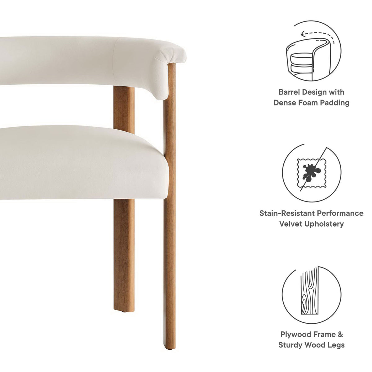 Imogen dining chair showcases dense foam padding, stain-resistant velvet, and sturdy deep brown wood legs. || EEI-6775-ALA-DBR || callout_studio