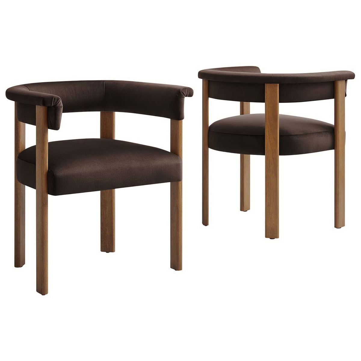 Set of two chocolate brown velvet barrel dining chairs with rounded backs and sturdy wood legs || EEI-6775-CHB-DBR || front_angle_multi_studio