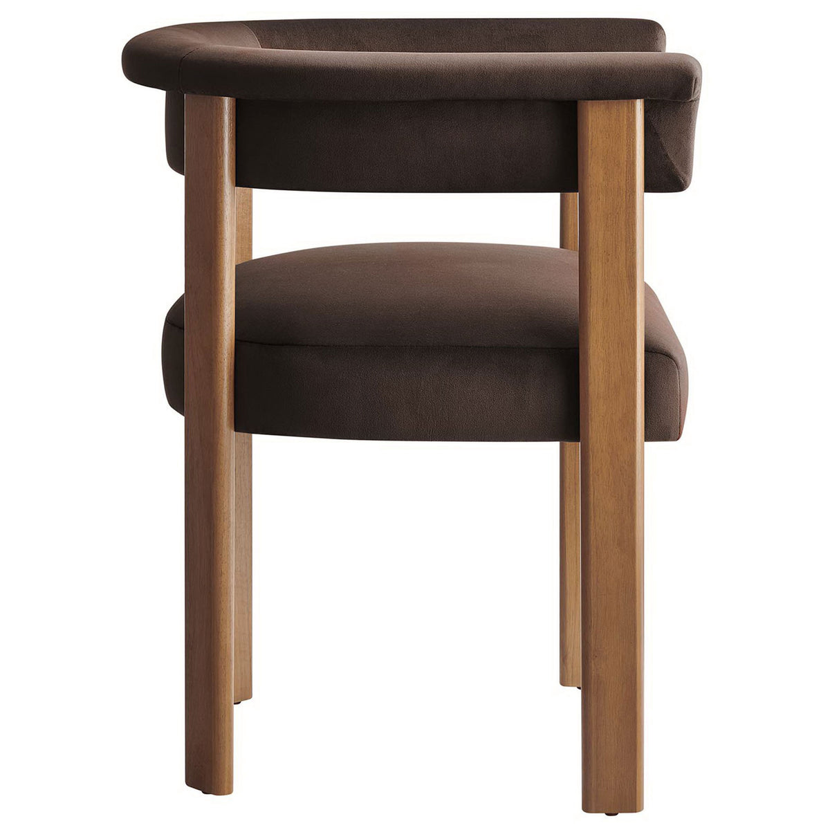 Chocolate brown velvet dining chair showcasing wraparound barrel back and slim wood legs || EEI-6775-CHB-DBR || side_studio
