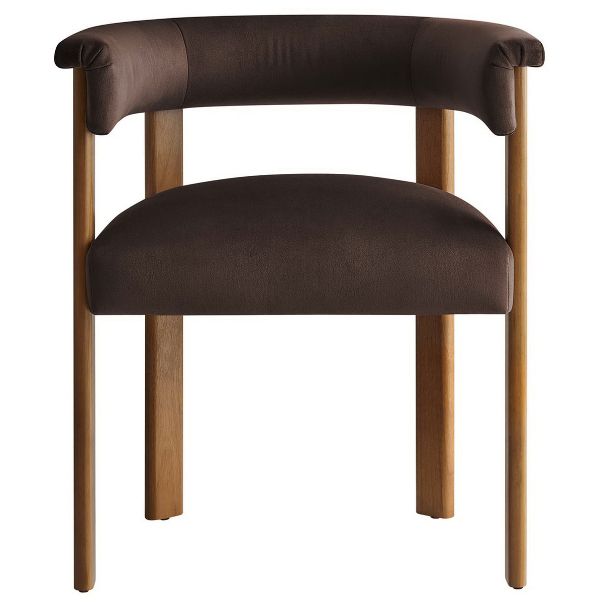 Chocolate brown velvet barrel dining chair with open back and warm wood legs || EEI-6775-CHB-DBR || front_studio