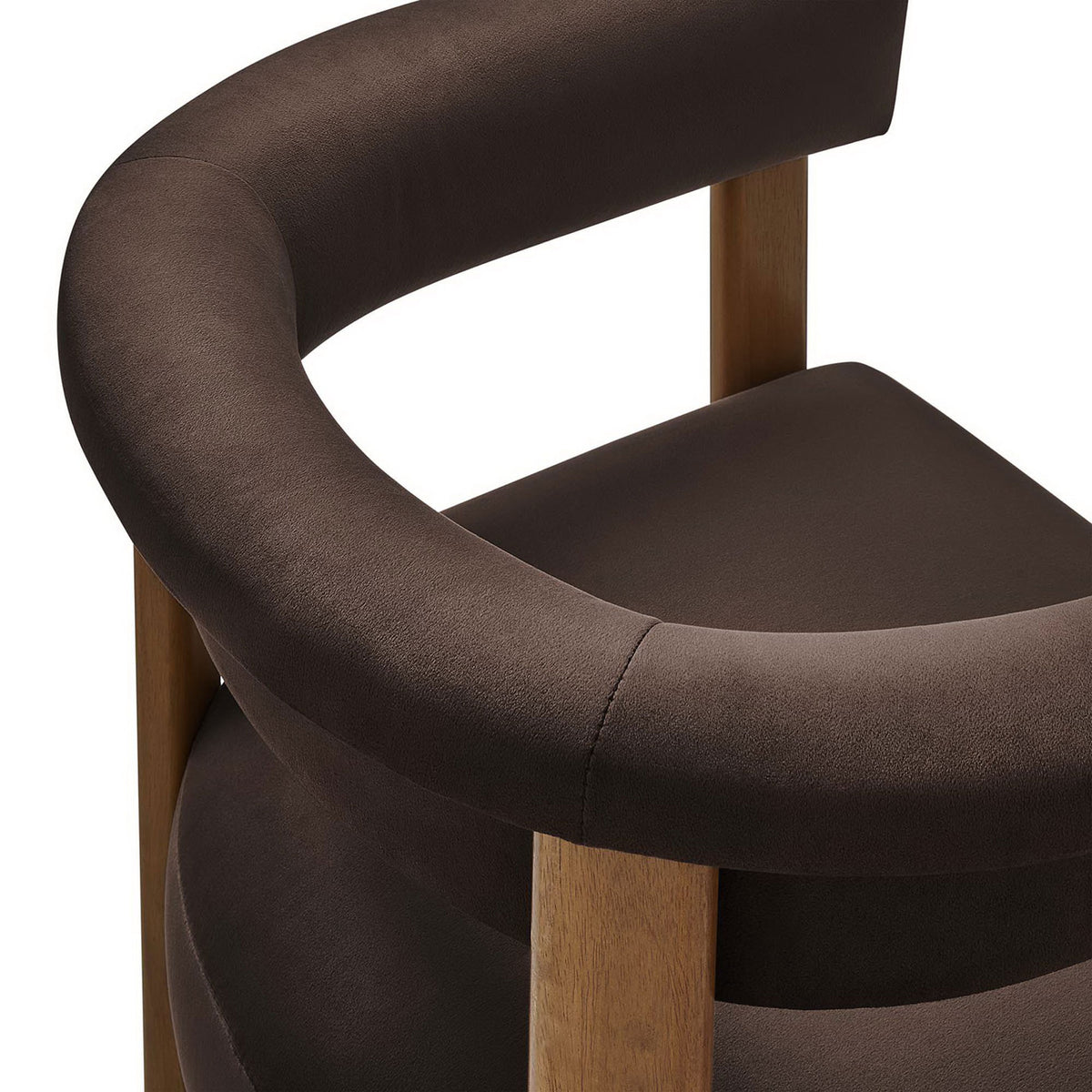 Chocolate brown performance velvet upholstery and padded barrel back for soft, supportive seating || EEI-6775-CHB-DBR || detail_studio
