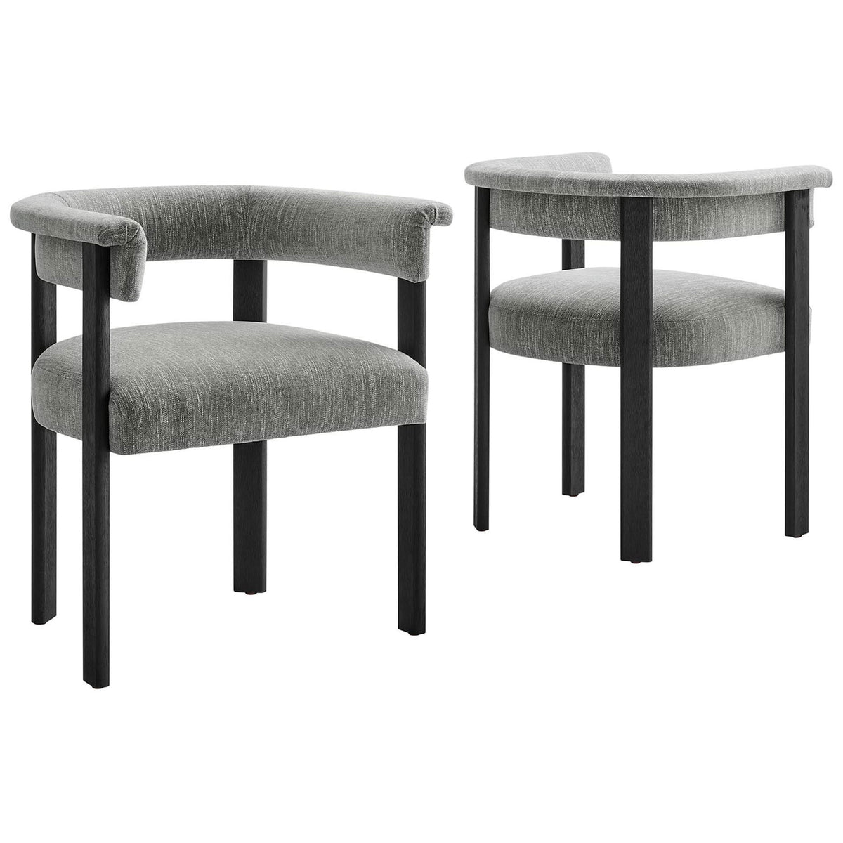 Set of two Imogen barrel dining chairs in heathered gray fabric with sleek black wood legs || EEI-6776-HEG-BLK || front_angle_multi_studio