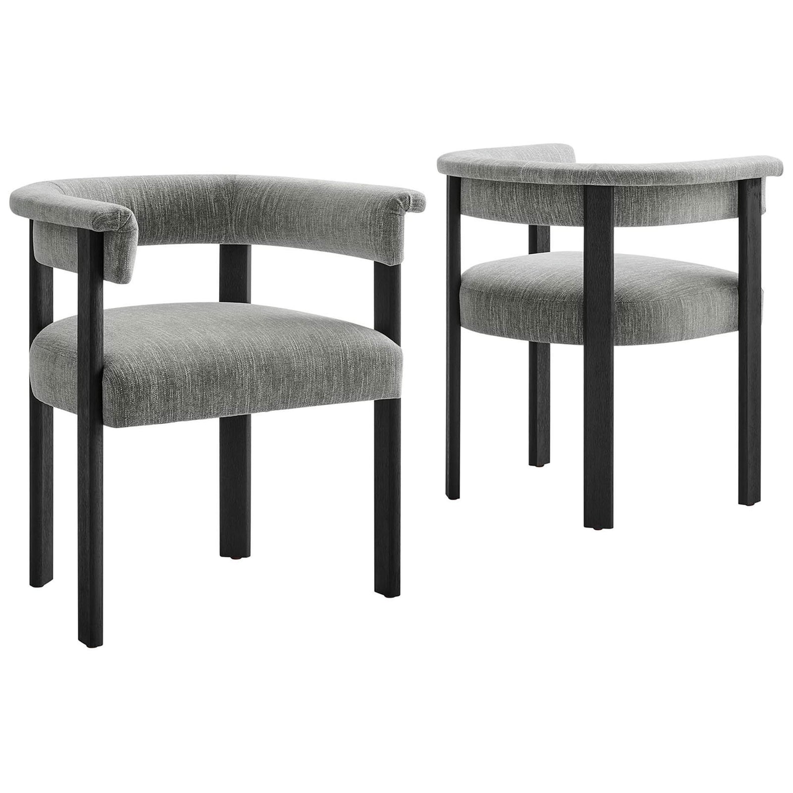 Set of two Imogen barrel dining chairs in heathered gray fabric with sleek black wood legs || EEI-6776-HEG-BLK || front_angle_multi_studio