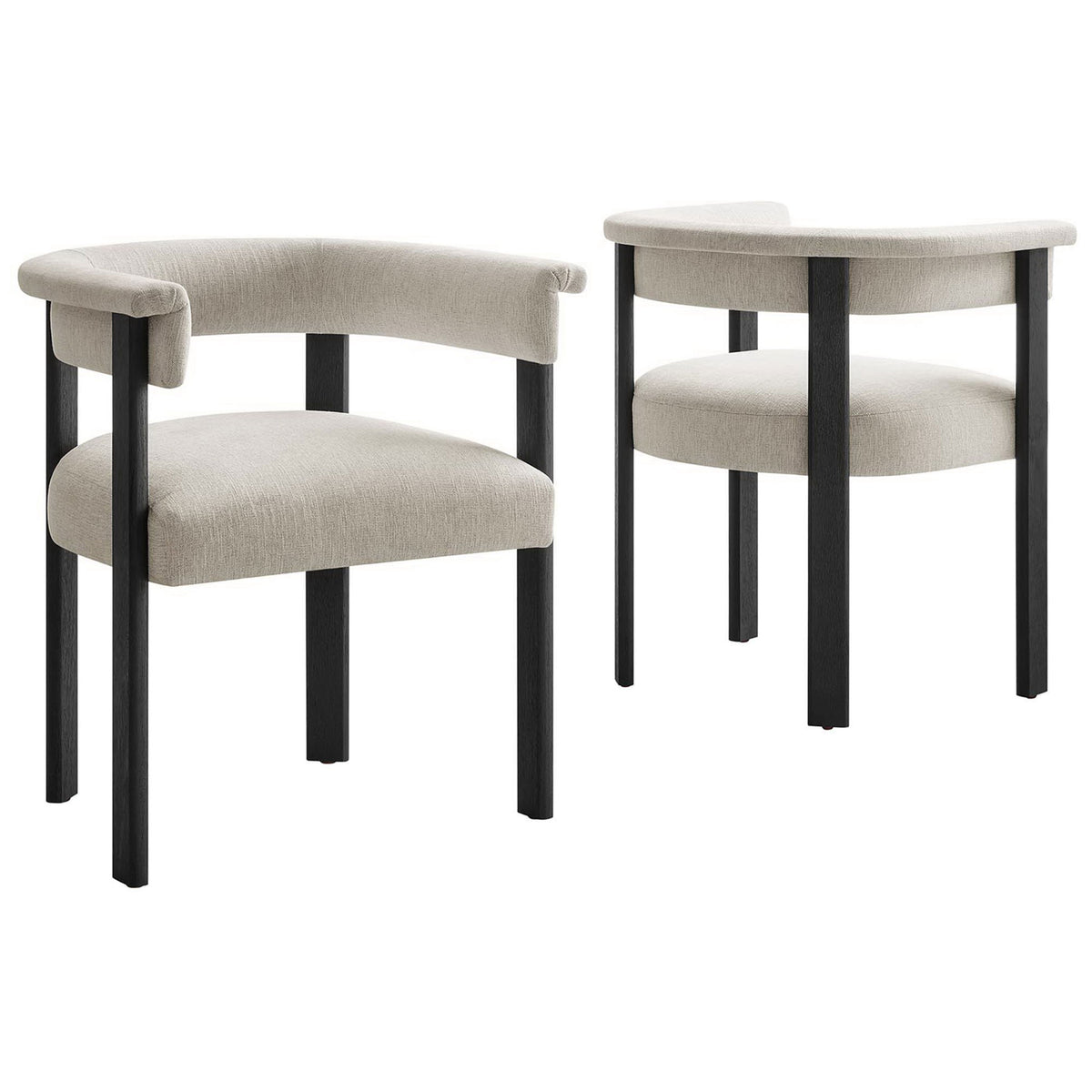 Set of two heathered ivory barrel dining chairs with bold black wood legs for modern spaces || EEI-6776-HEI-BLK || front_angle_multi_studio
