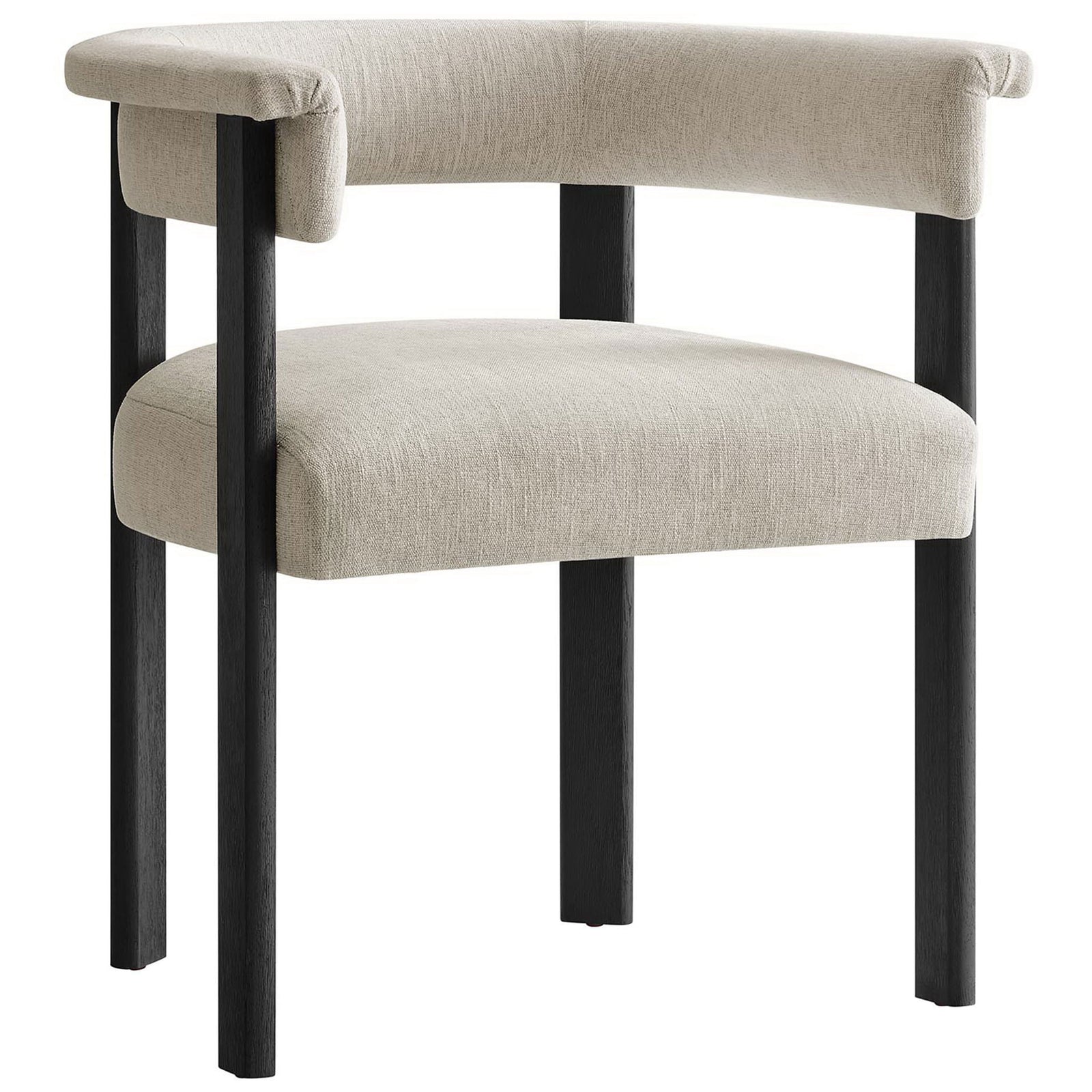 Heathered ivory barrel dining chair with wraparound backrest and slim black wood legs || EEI-6776-HEI-BLK || front_angle_studio