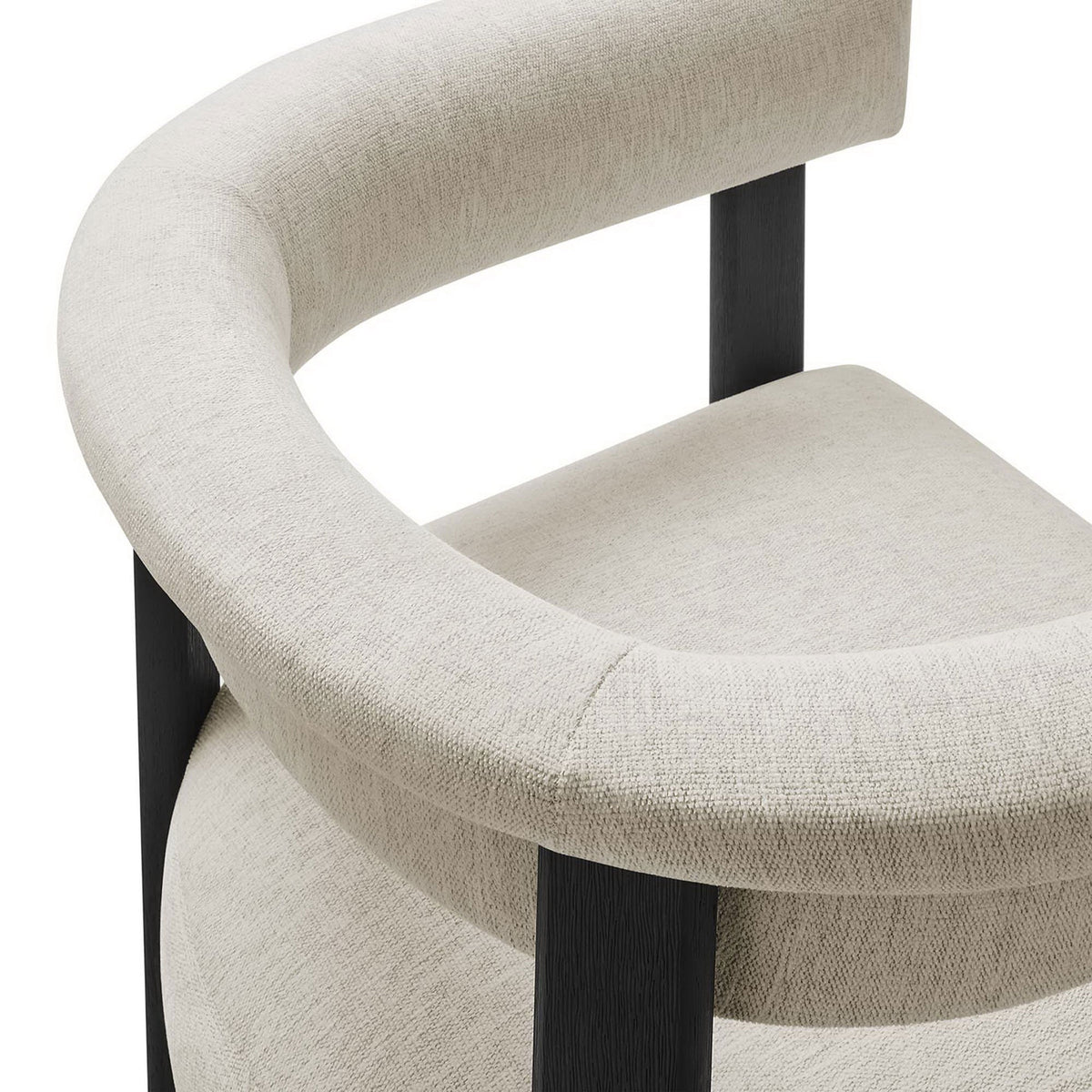 Textured heathered ivory fabric and plush foam cushioning wrap the smooth curve of the barrel back || EEI-6776-HEI-BLK || detail_studio
