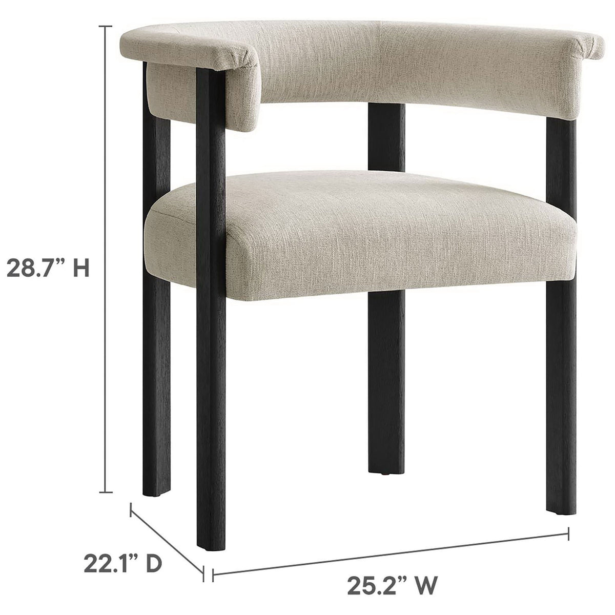 Dimensions of the Imogen barrel dining chair showcasing compact footprint and comfortable seat height || EEI-6776-HEI-BLK || dimension_studio