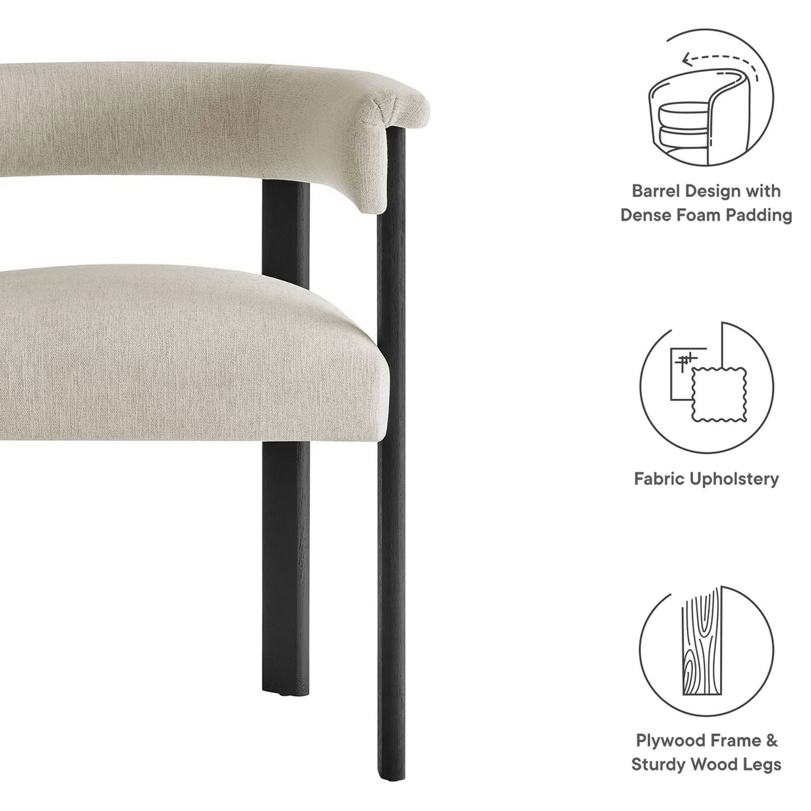Feature highlights of the Imogen barrel dining chair including foam padding, fabric upholstery, and wood frame || EEI-6776-HEI-BLK || callout_studio