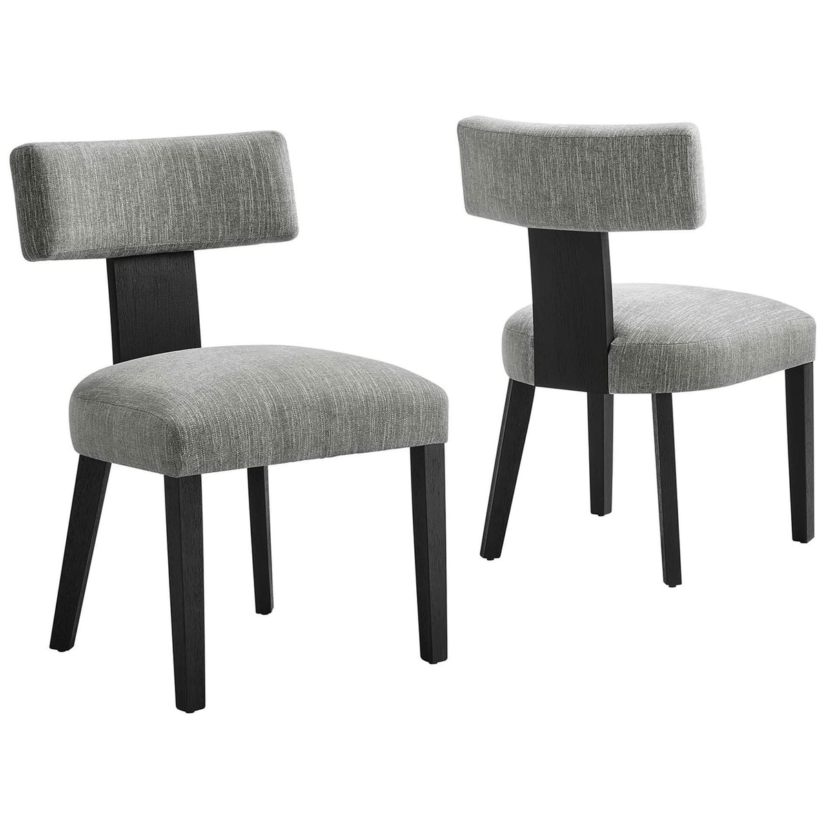 Pair of gray fabric dining chairs with black wood legs for a clean modern dining room update || EEI-6777-HEG-BLK || front_angle_multi_studio
