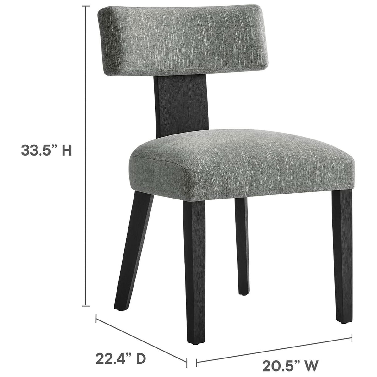 Gray fabric dining chair with measurements for height depth and width clearly labeled || EEI-6777-HEG-BLK || dimension_studio