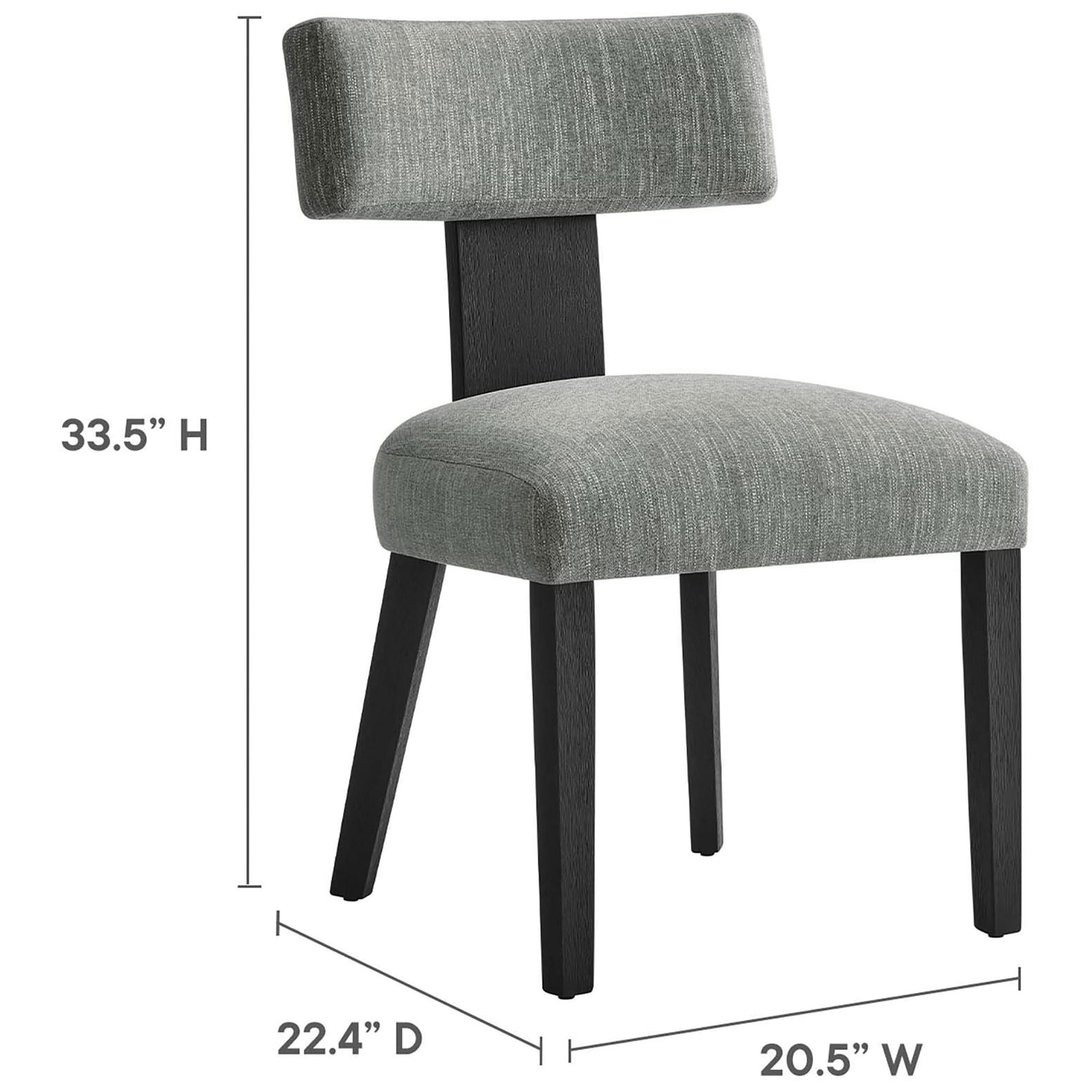 Gray fabric dining chair with measurements for height depth and width clearly labeled || EEI-6777-HEG-BLK || dimension_studio