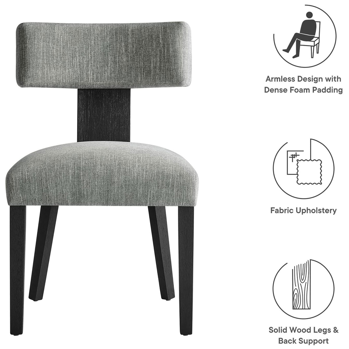 Feature graphic highlighting armless design fabric upholstery and solid wood legs of the dining chair || EEI-6777-HEG-BLK || callout_studio