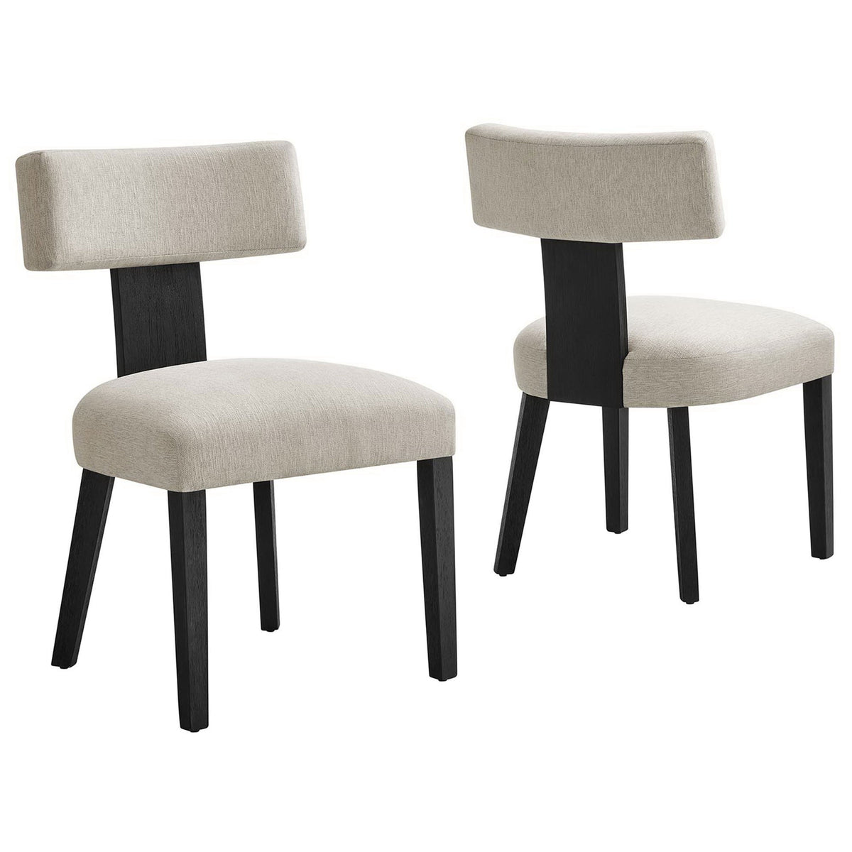 Pair of ivory fabric dining chairs with black wood legs and open curved backrest design || EEI-6777-HEI-BLK || front_angle_multi_studio