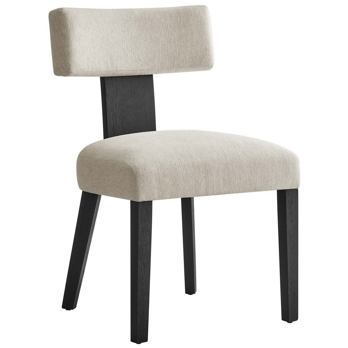 Ivory upholstered dining chair with plush seat, sculpted backrest, and tapered black wood legs || EEI-6777-HEI-BLK || front_angle_studio