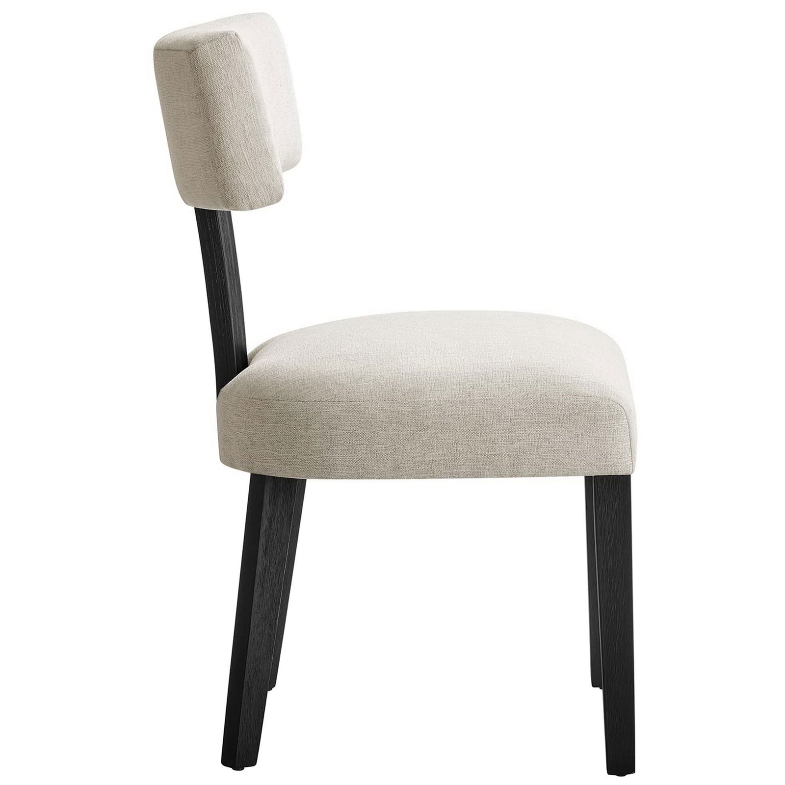 Side profile of ivory fabric dining chair showcasing thick seat cushion and supportive back panel || EEI-6777-HEI-BLK || side_studio
