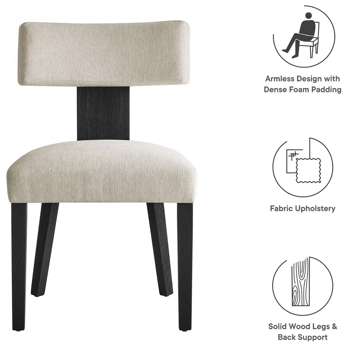 Feature overview showing armless ivory dining chair with fabric upholstery and solid wood frame || EEI-6777-HEI-BLK || callout_studio