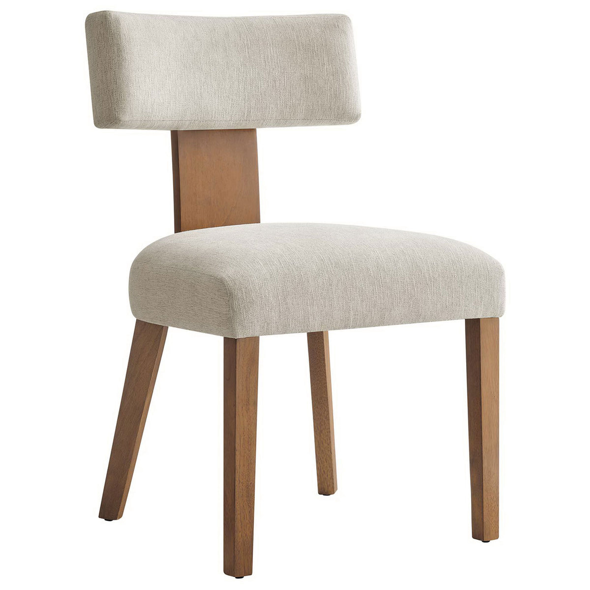 Contemporary ivory fabric dining chair with slim armless profile and rich wood base. || EEI-6777-HEI-DBR || front_angle_studio