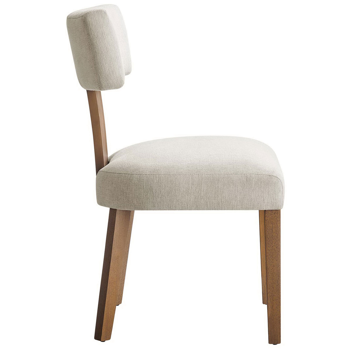 Upholstered dining chair showing plush seat cushion and sleek tapered wood legs. || EEI-6777-HEI-DBR || side_studio