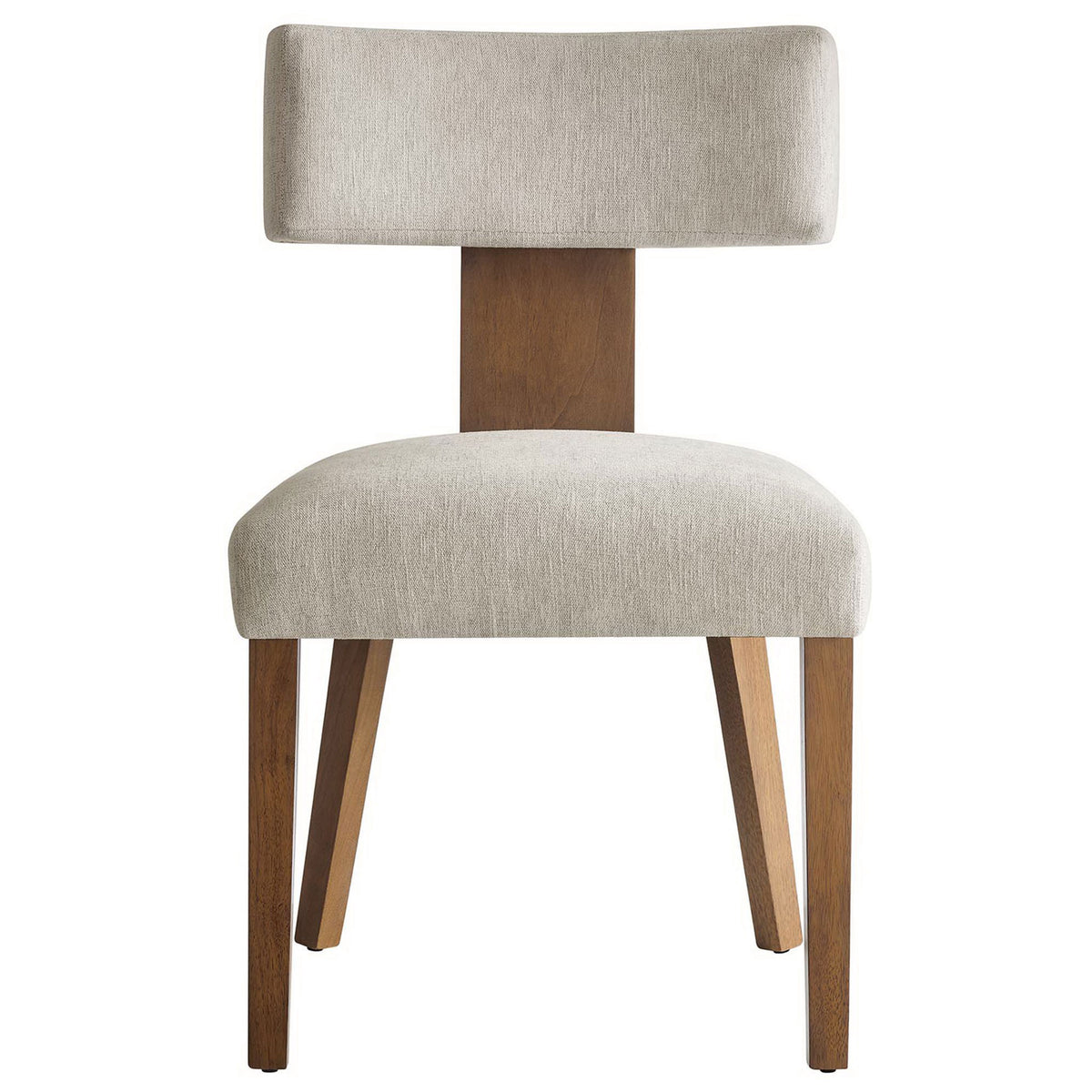 Ivory upholstered dining chair with curved backrest and deep brown wood legs. || EEI-6777-HEI-DBR || front_studio