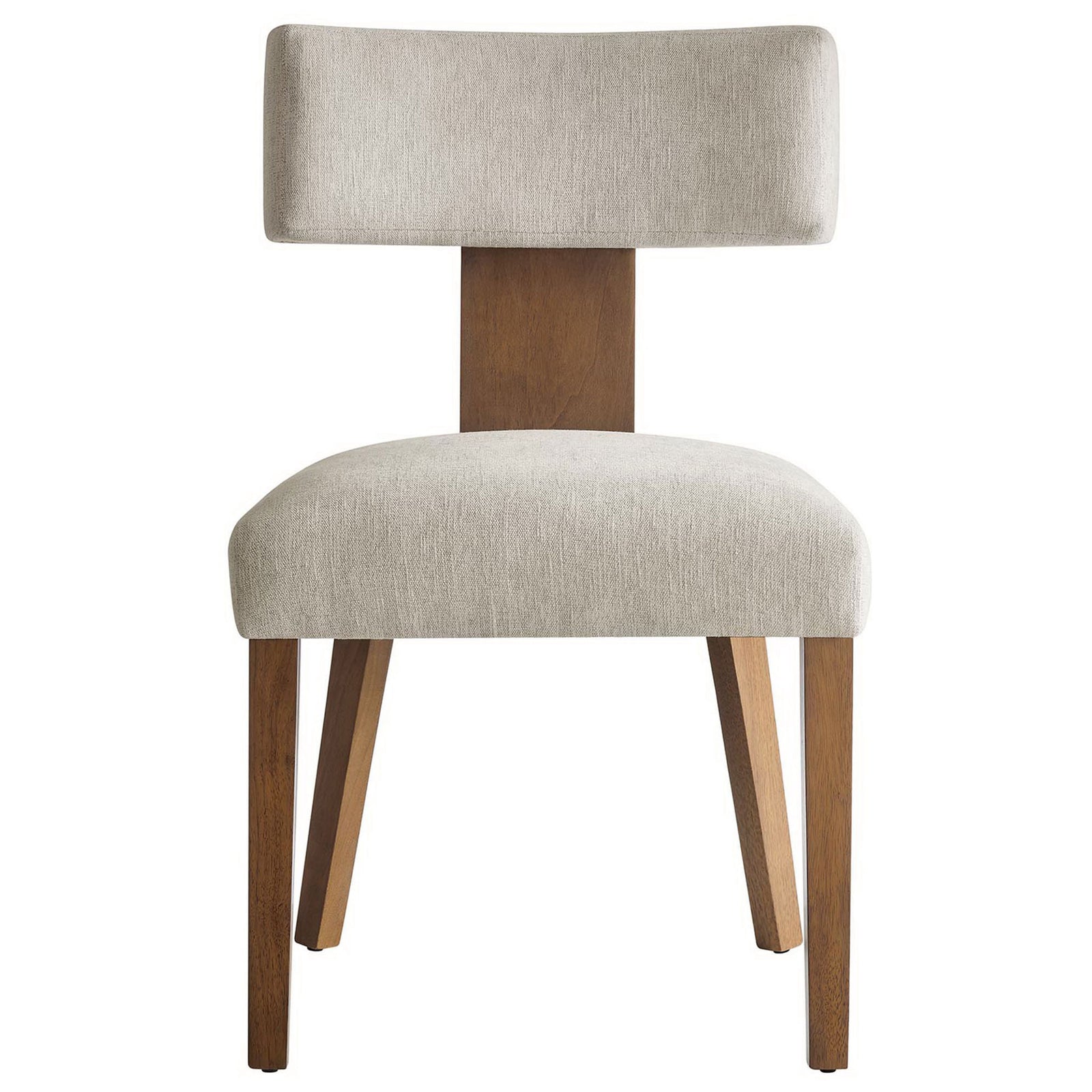 Ivory upholstered dining chair with curved backrest and deep brown wood legs. || EEI-6777-HEI-DBR || front_studio