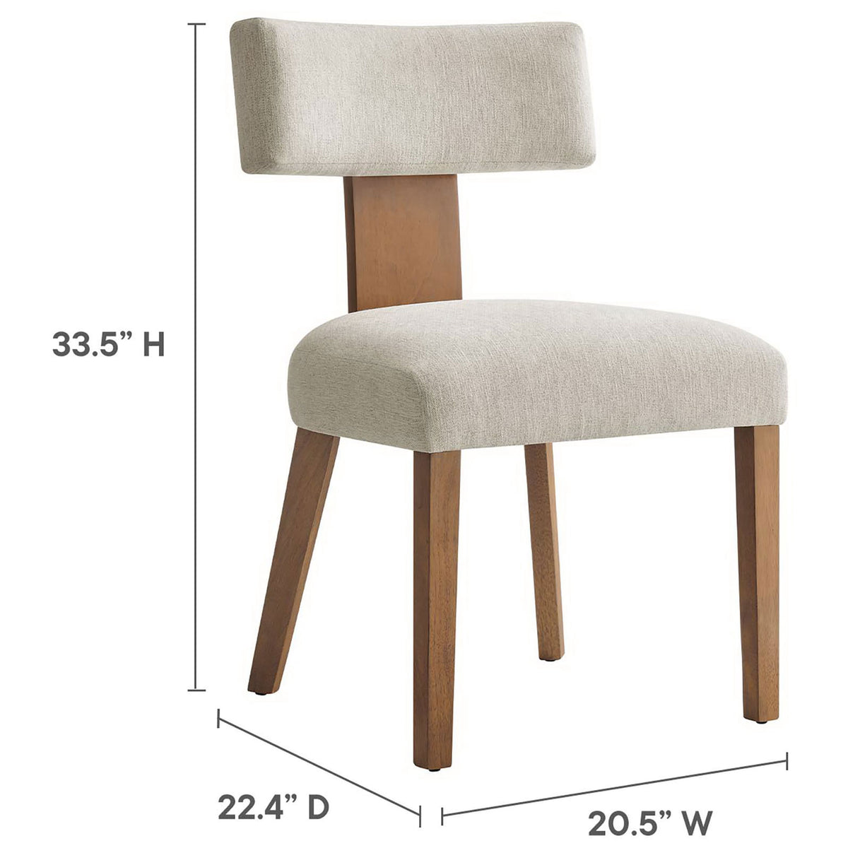 Dimensions of the ivory upholstered dining chair with deep brown wood legs are displayed. || EEI-6777-HEI-DBR || dimension_studio