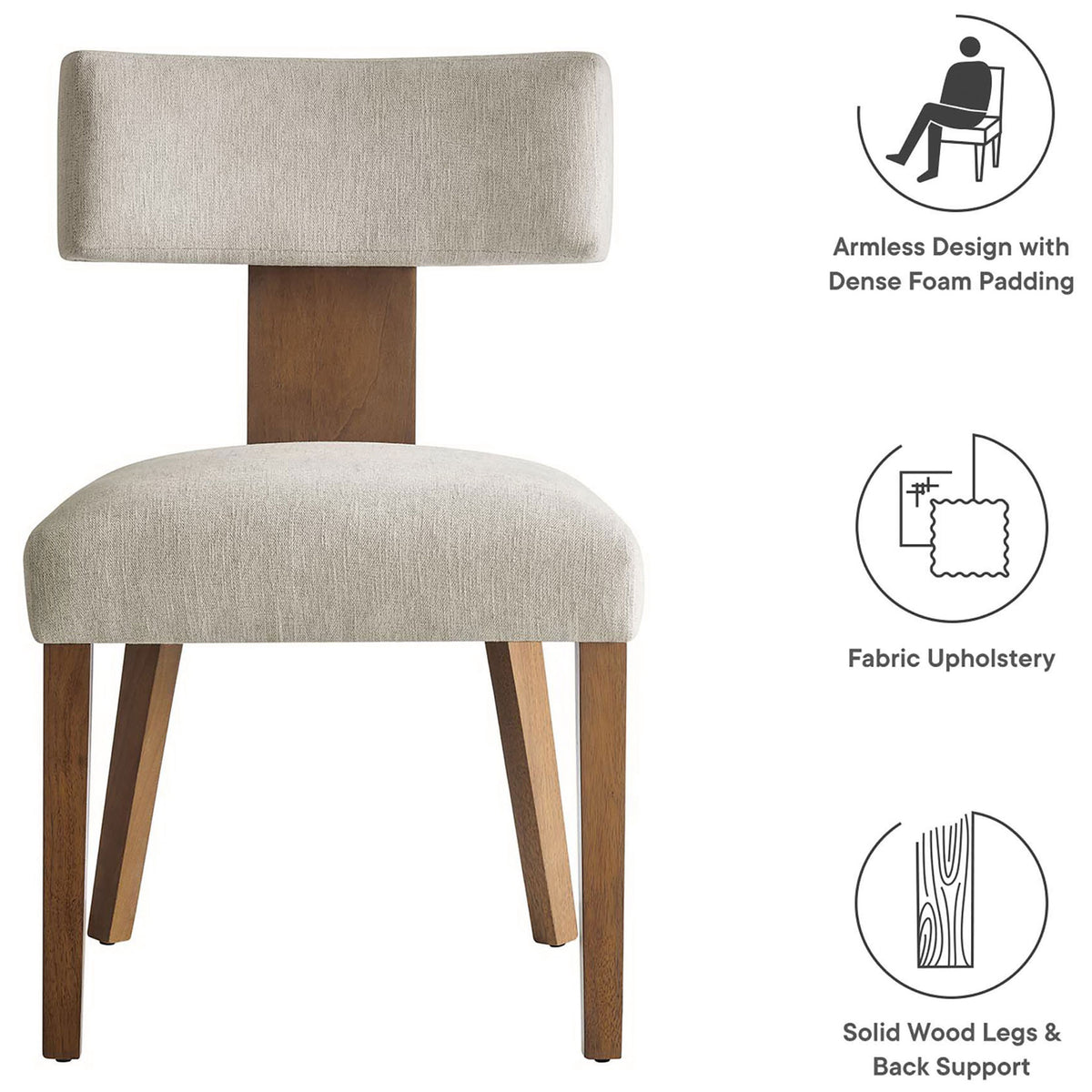 Feature icons highlighting armless design, fabric upholstery, and solid wood legs of the chair. || EEI-6777-HEI-DBR || callout_studio