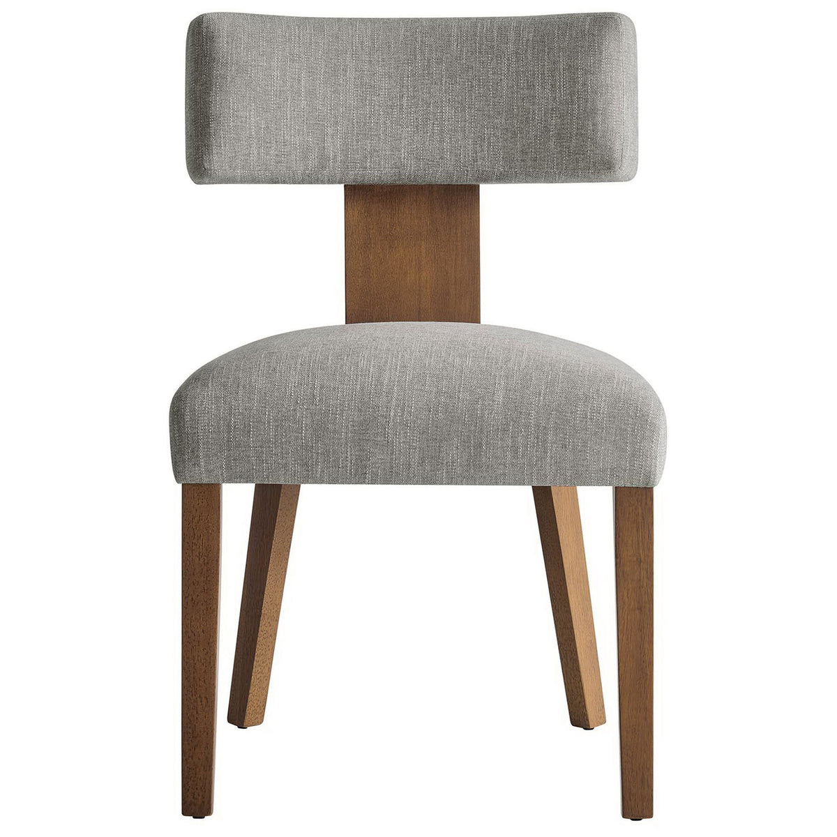 Armless upholstered dining chair with heathered seat, floating backrest, and warm wood legs. || EEI-6777-HEW-DBR || front_partial_studio