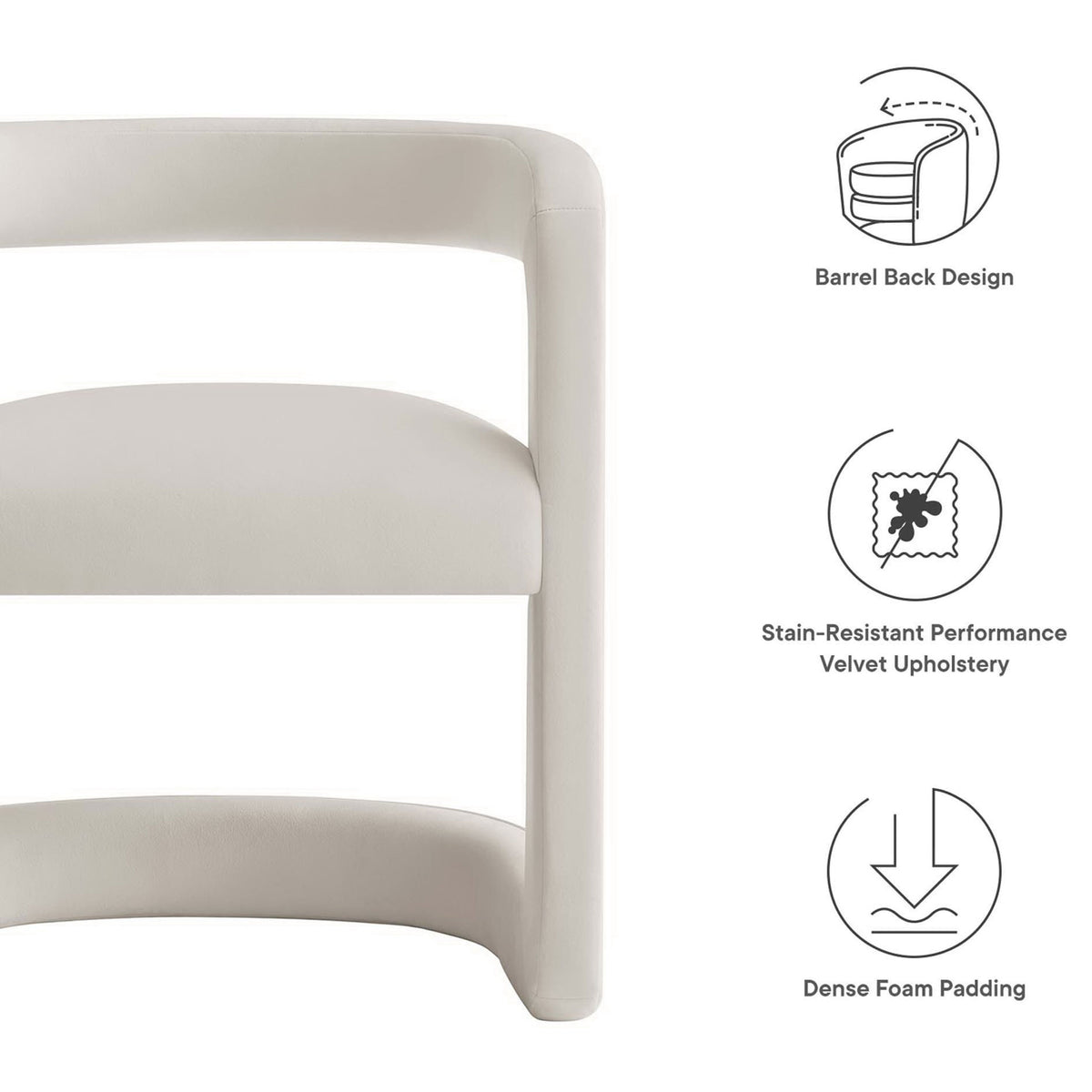 Barrel back, stain-resistant performance velvet, and dense foam padding || EEI-6778-ALA || callout_studio