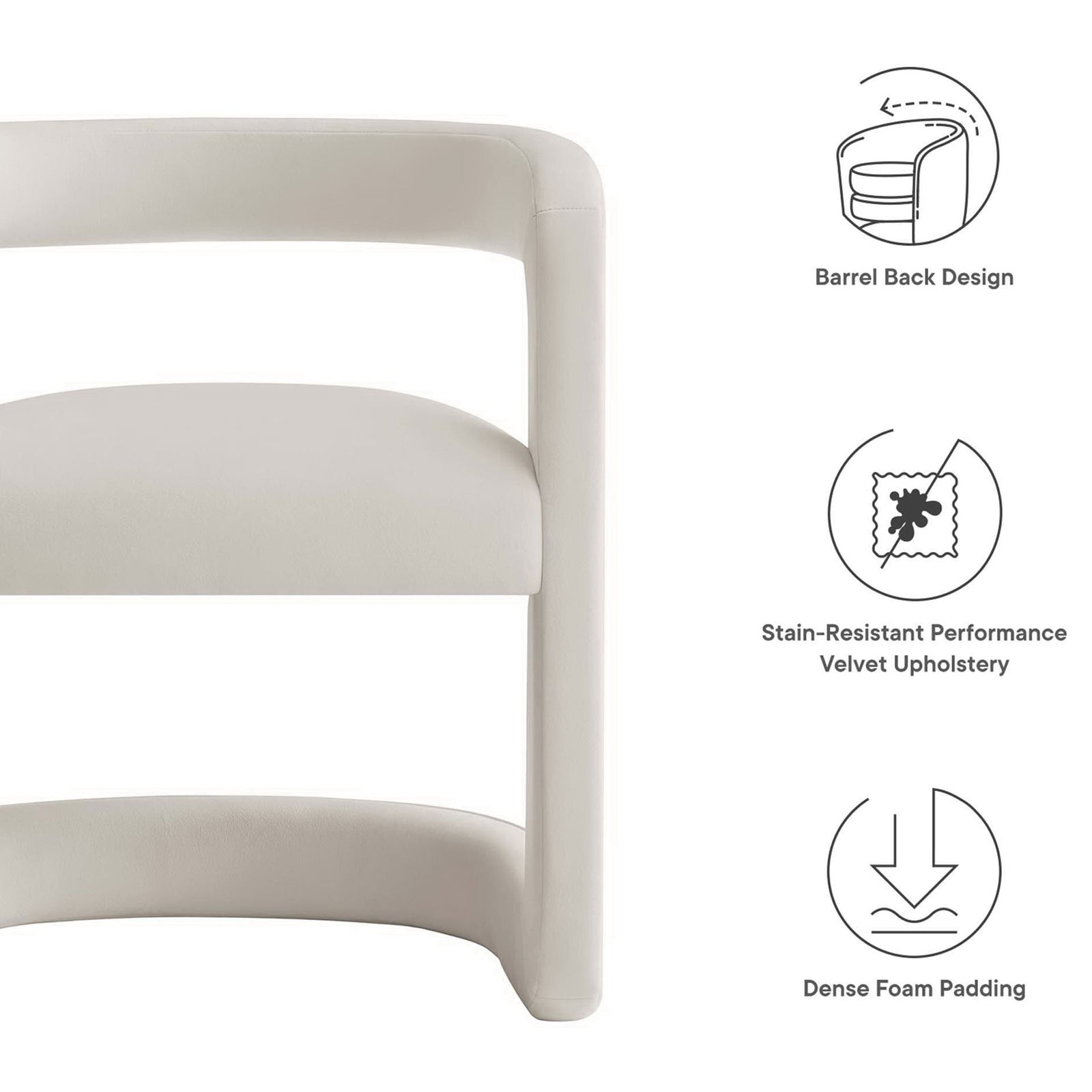 Barrel back, stain-resistant performance velvet, and dense foam padding || EEI-6778-ALA || callout_studio