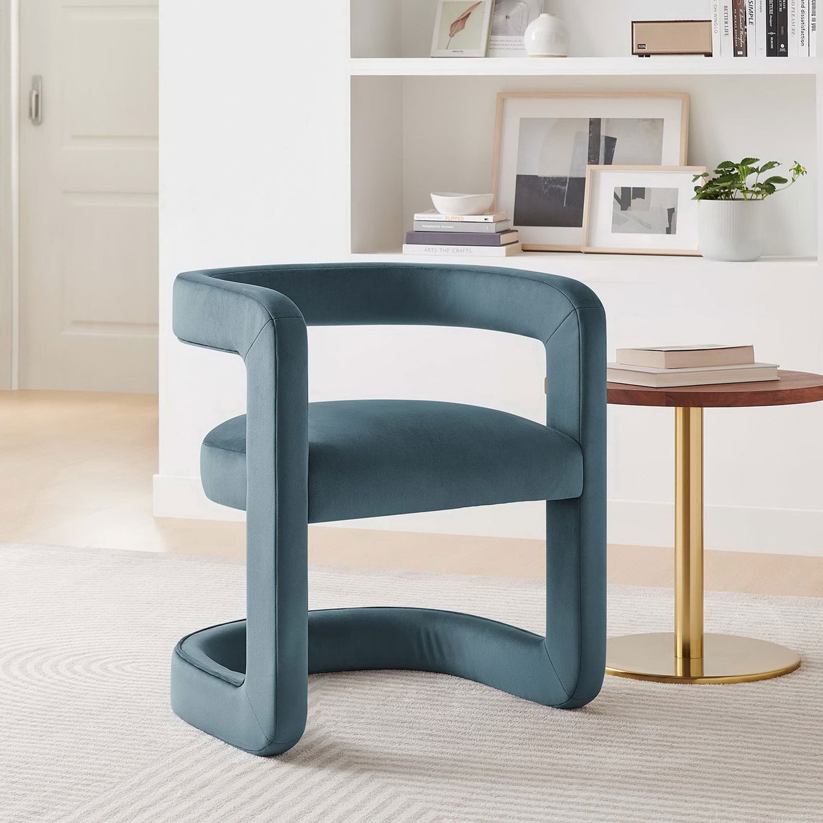 Open-back velvet accent chair brings soft texture and contemporary flair to decor || EEI-6778-CAB || front_angle_room