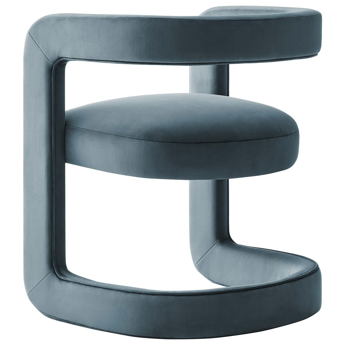 Wraparound barrel frame with tailored seams and open-back design in cadet blue velvet || EEI-6778-CAB || back_angle_studio