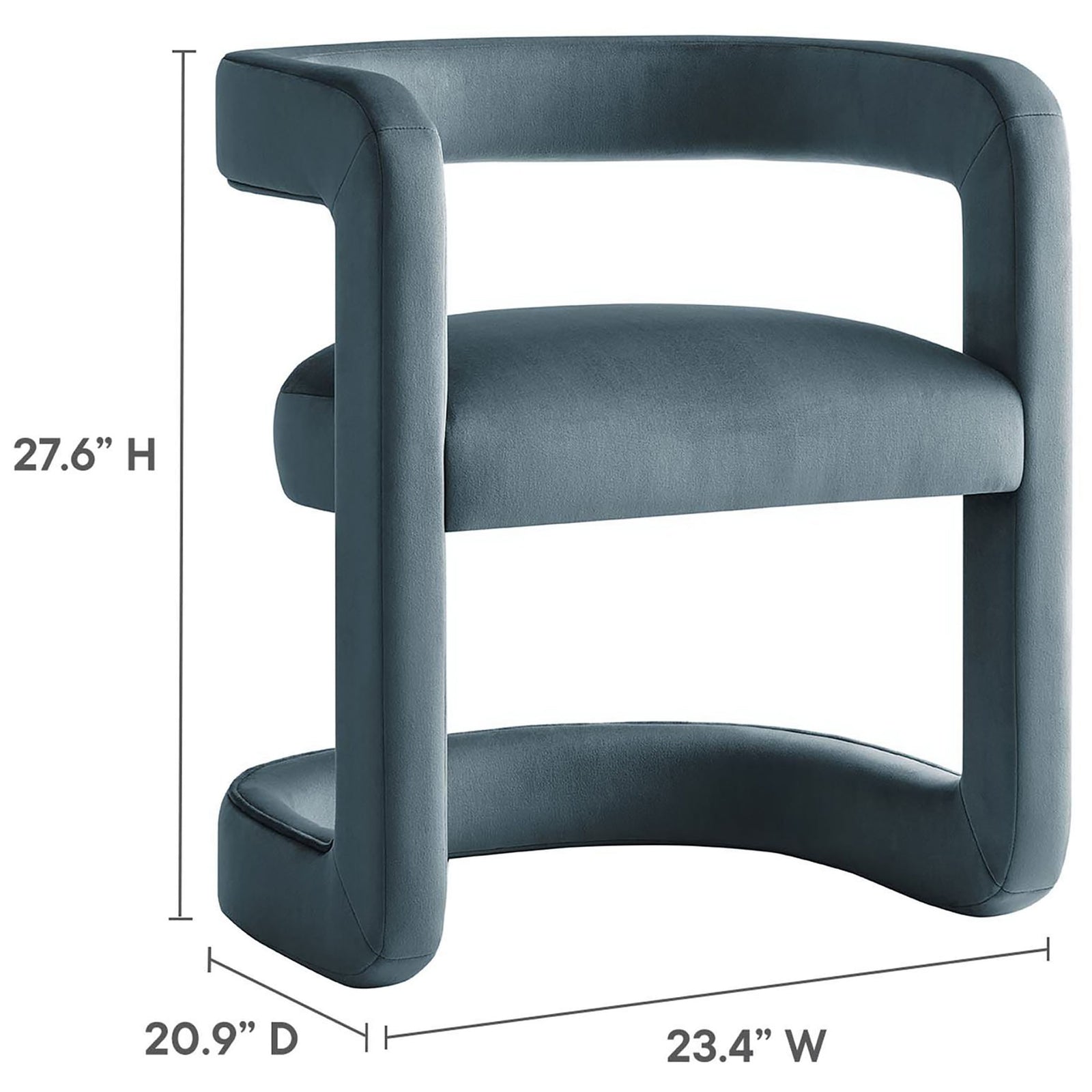 Compact modern barrel chair with inviting curves in cadet blue performance velvet || EEI-6778-CAB || dimension_studio