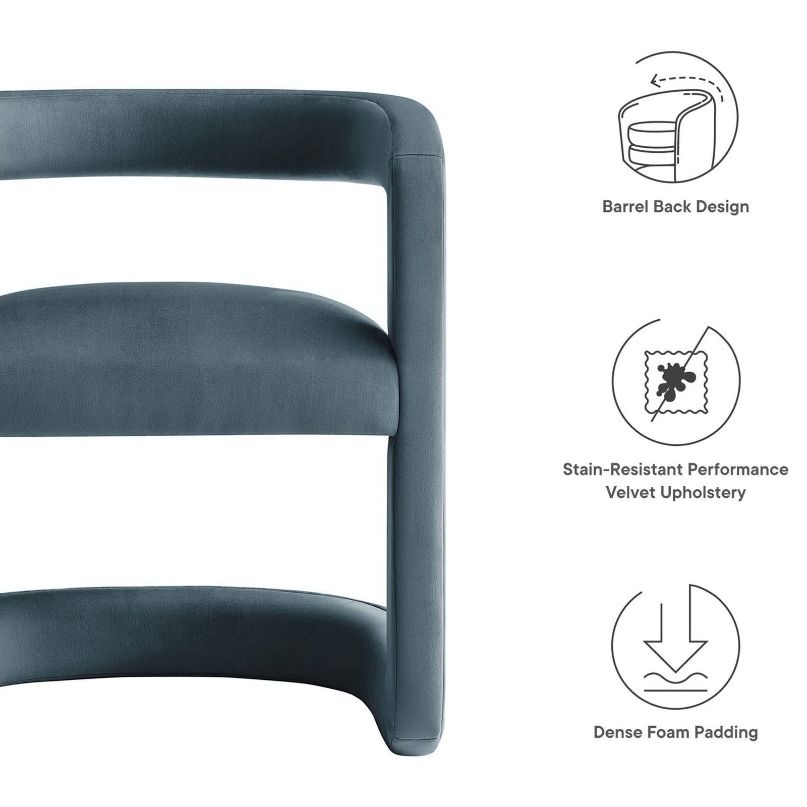 Barrel back, stain-resistant performance velvet, and dense foam comfort || EEI-6778-CAB || callout_studio