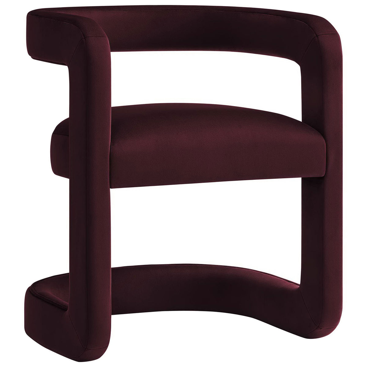 Sculptural open-back barrel chair in mulberry performance velvet with plush seat and rounded frame || EEI-6778-MUL || front_angle_studio
