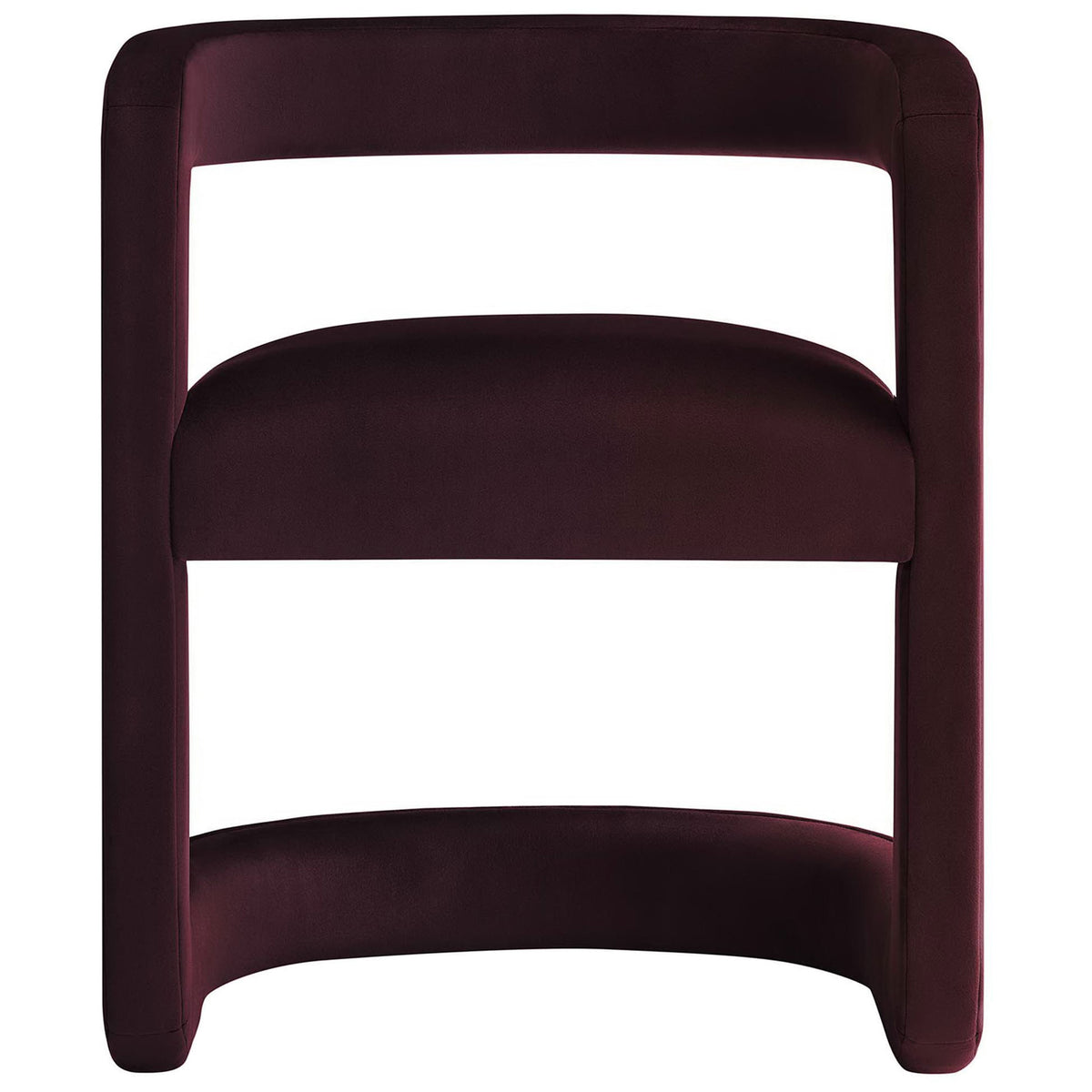 Minimalist barrel accent chair with open back and dense foam-padded seat in mulberry velvet || EEI-6778-MUL || front_studio