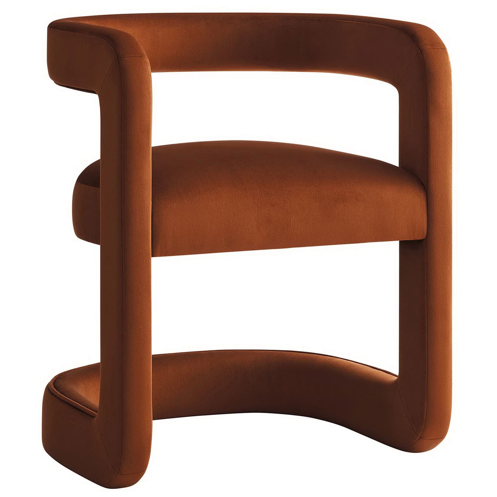 Sculptural accent chair with rounded frame and plush seat, upholstered in stain-resistant rust velvet || EEI-6778-RUS || front_angle_studio