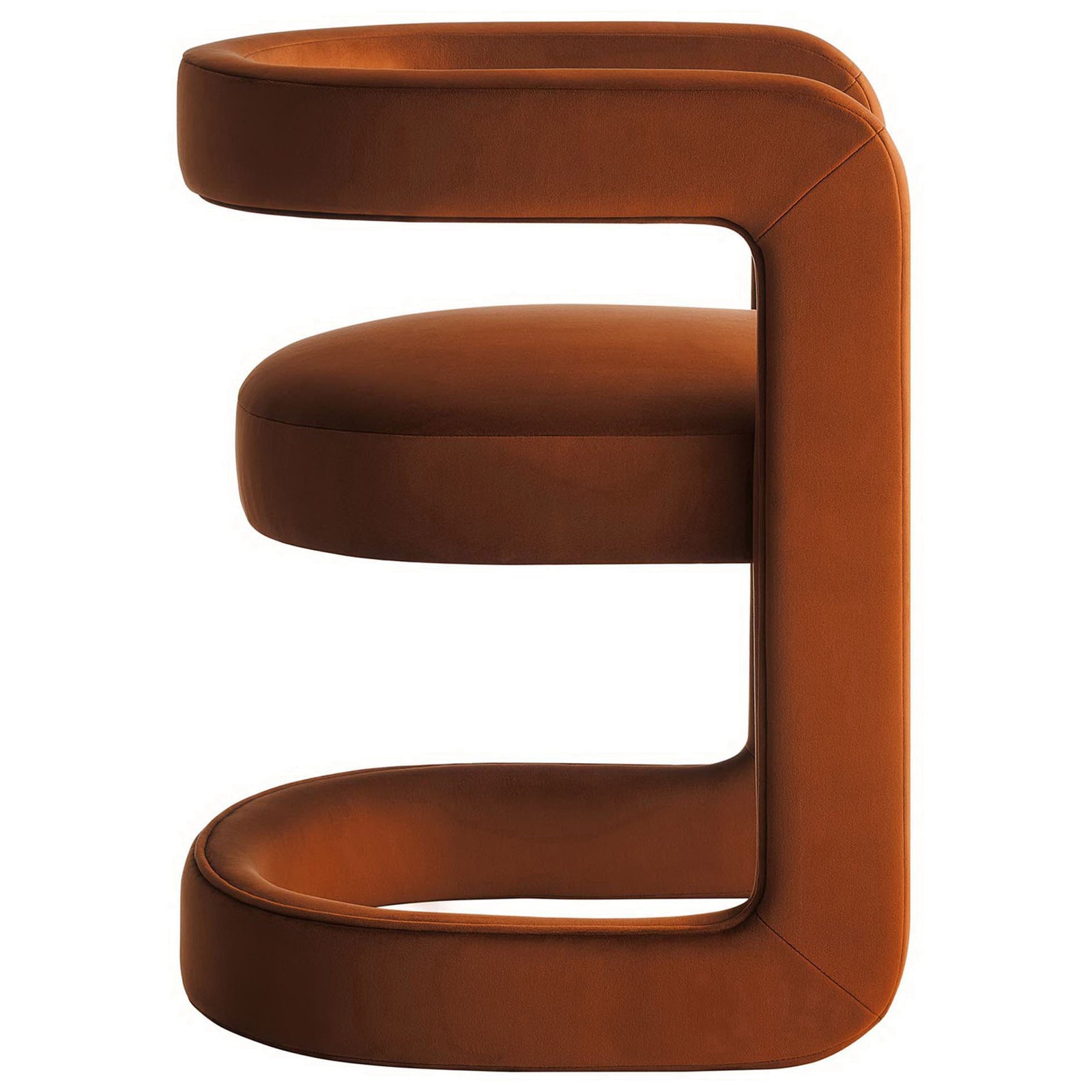 Slim silhouette highlights the wraparound top rail and floating seat over a rounded base || EEI-6778-RUS || side_studio