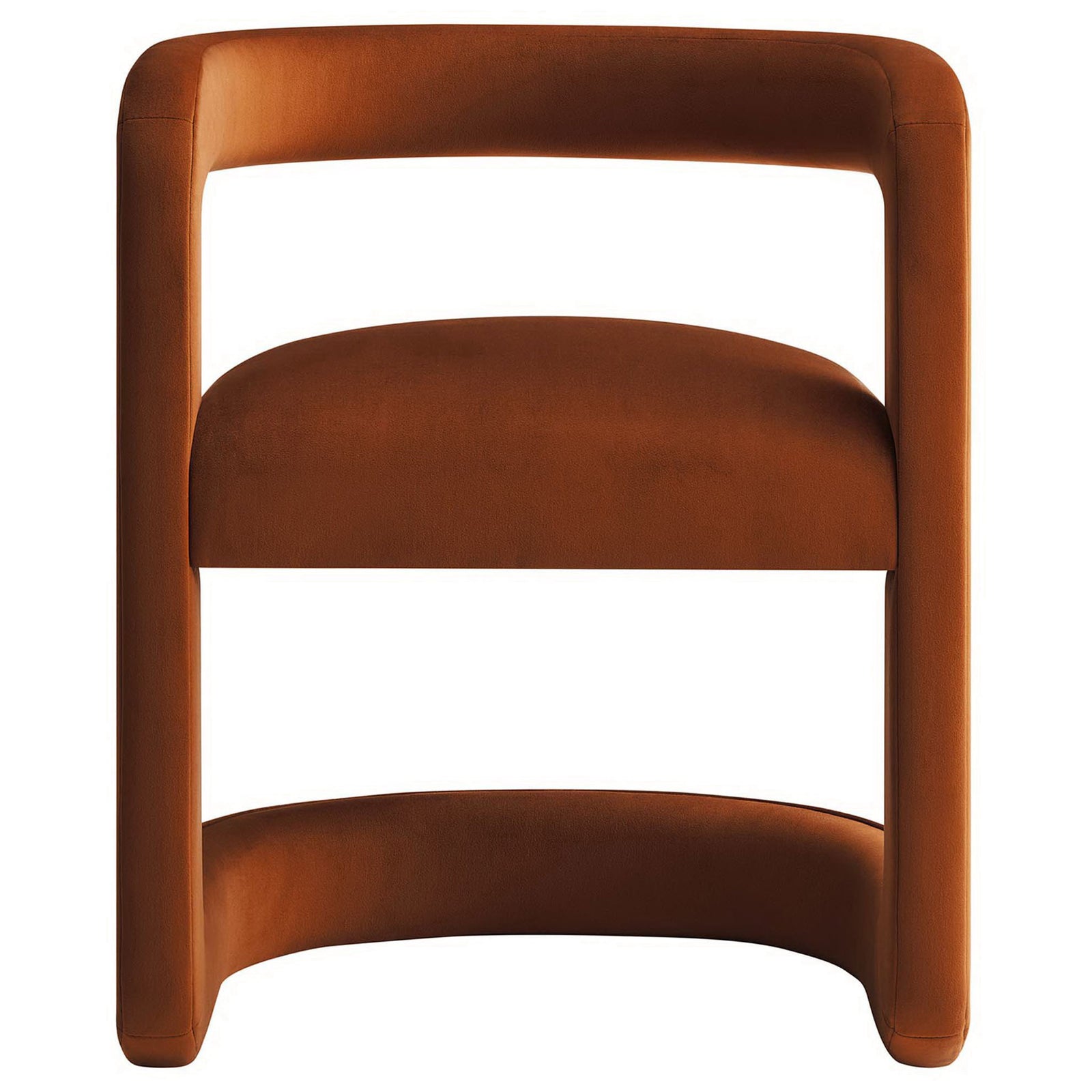 Curved open-back barrel chair in rust performance velvet with dense foam cushioning and modern lines || EEI-6778-RUS || front_studio